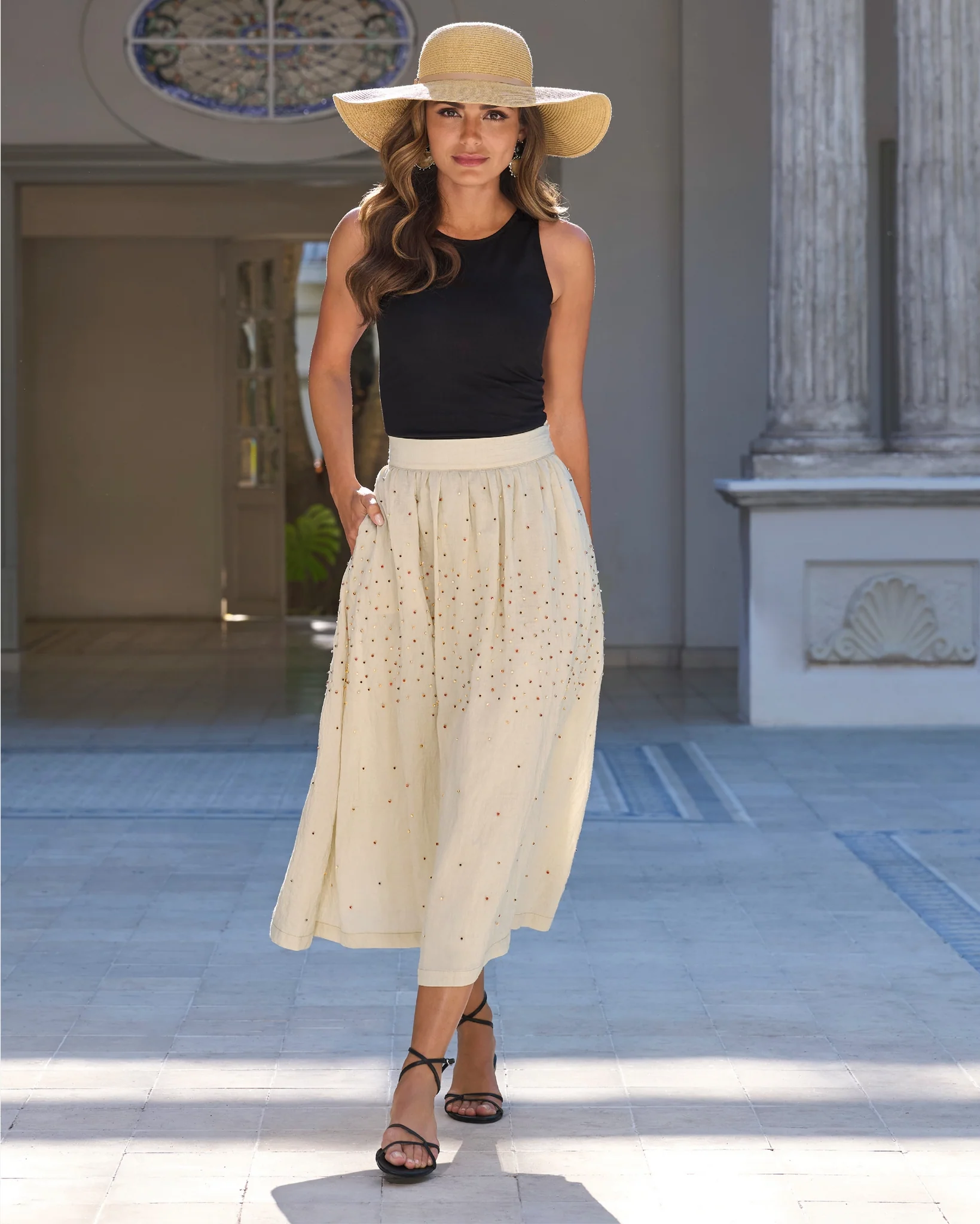 Crystal Embellished Midi Skirt Tan - Mycitystee