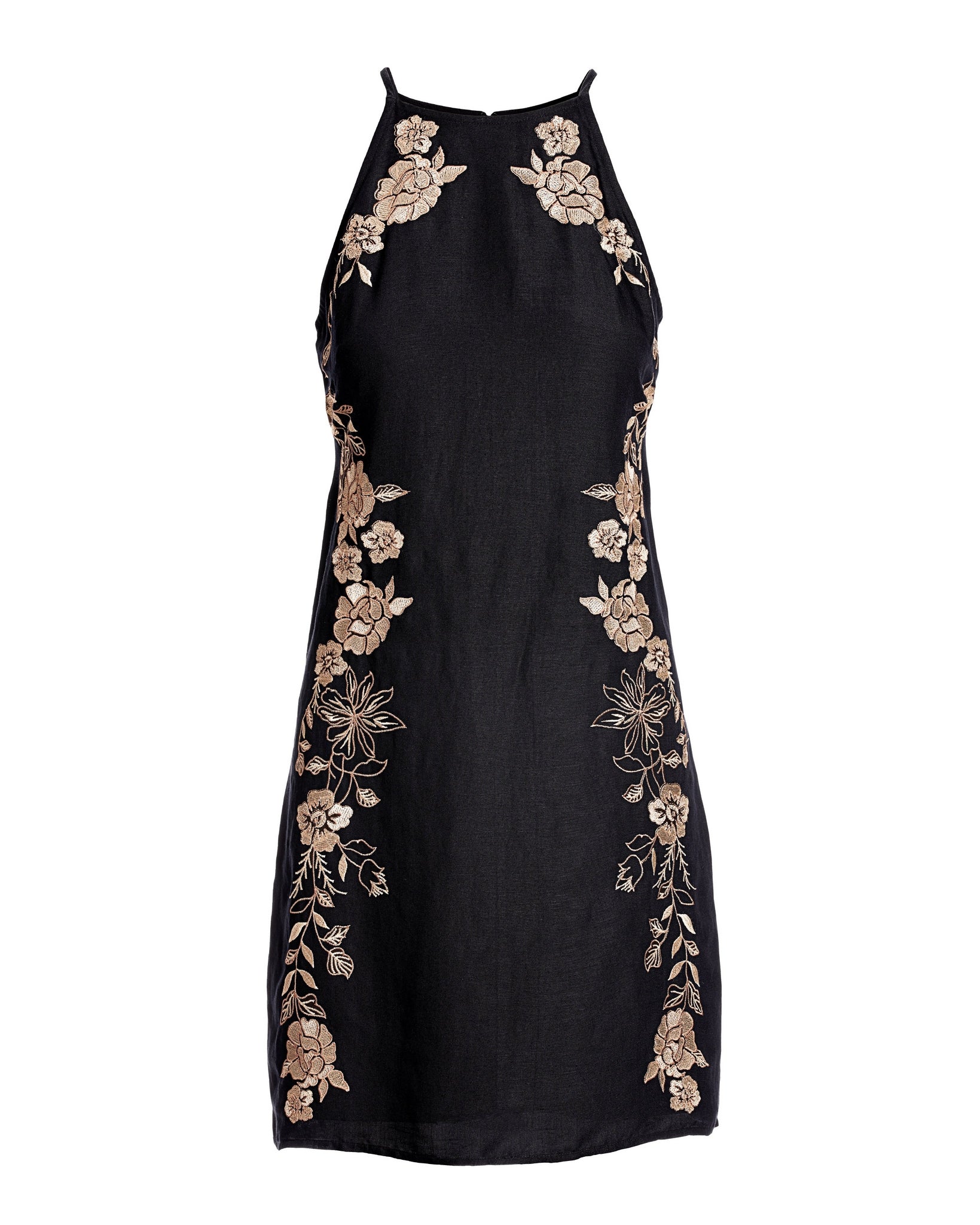 Embroidered Linen Halter Shift Dress Black Multi - Mycitystee