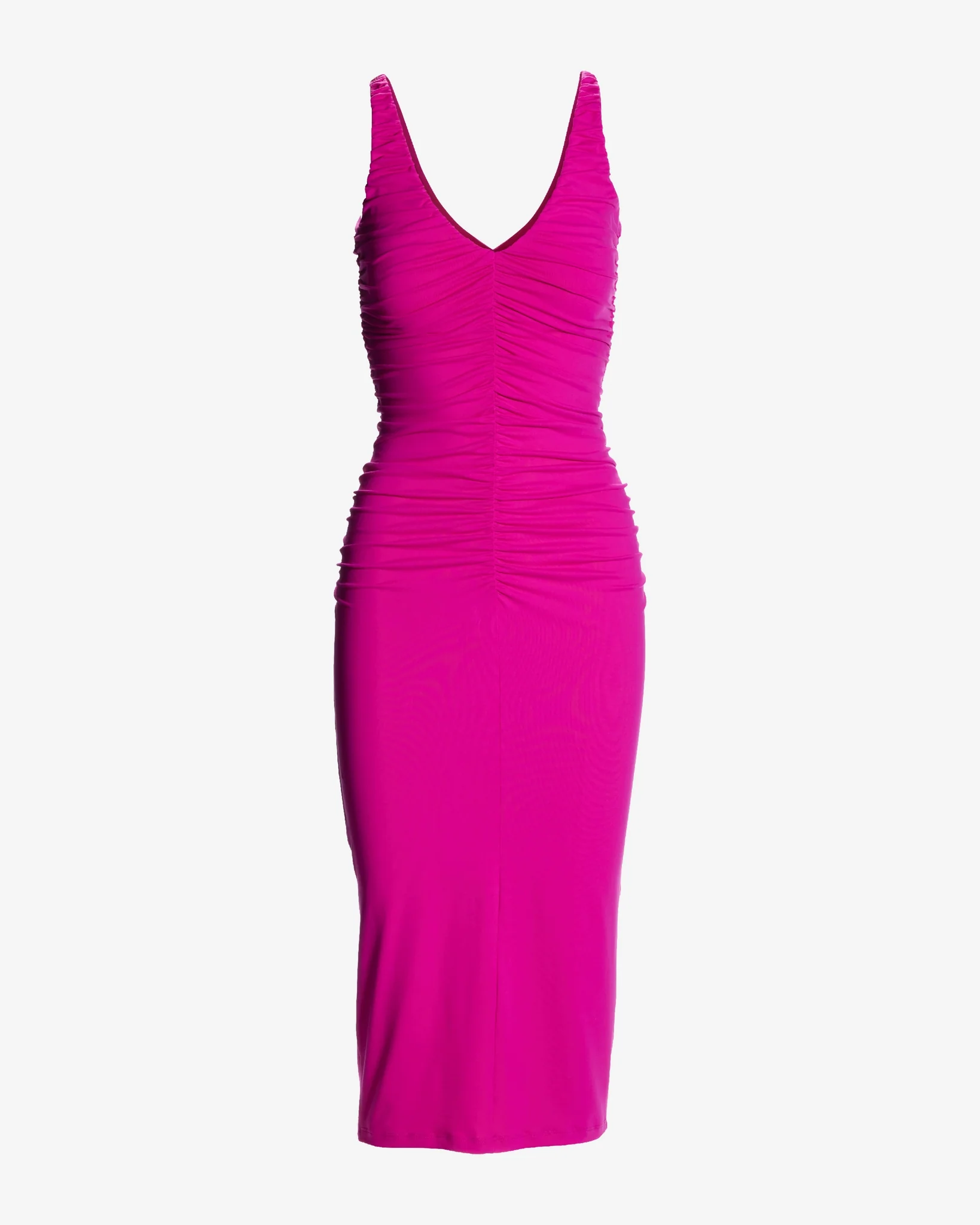 Susana Monaco x Boston Proper V Neck Ruched Fitted Midi Dress Fuchsia - Mycitystee