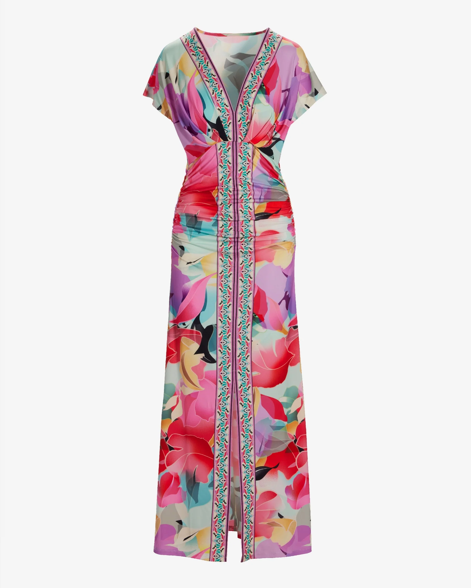 Spring Soiree Border Print Short Sleeve Ruched Ankle Length Dress Spring Soiree - Mycitystee