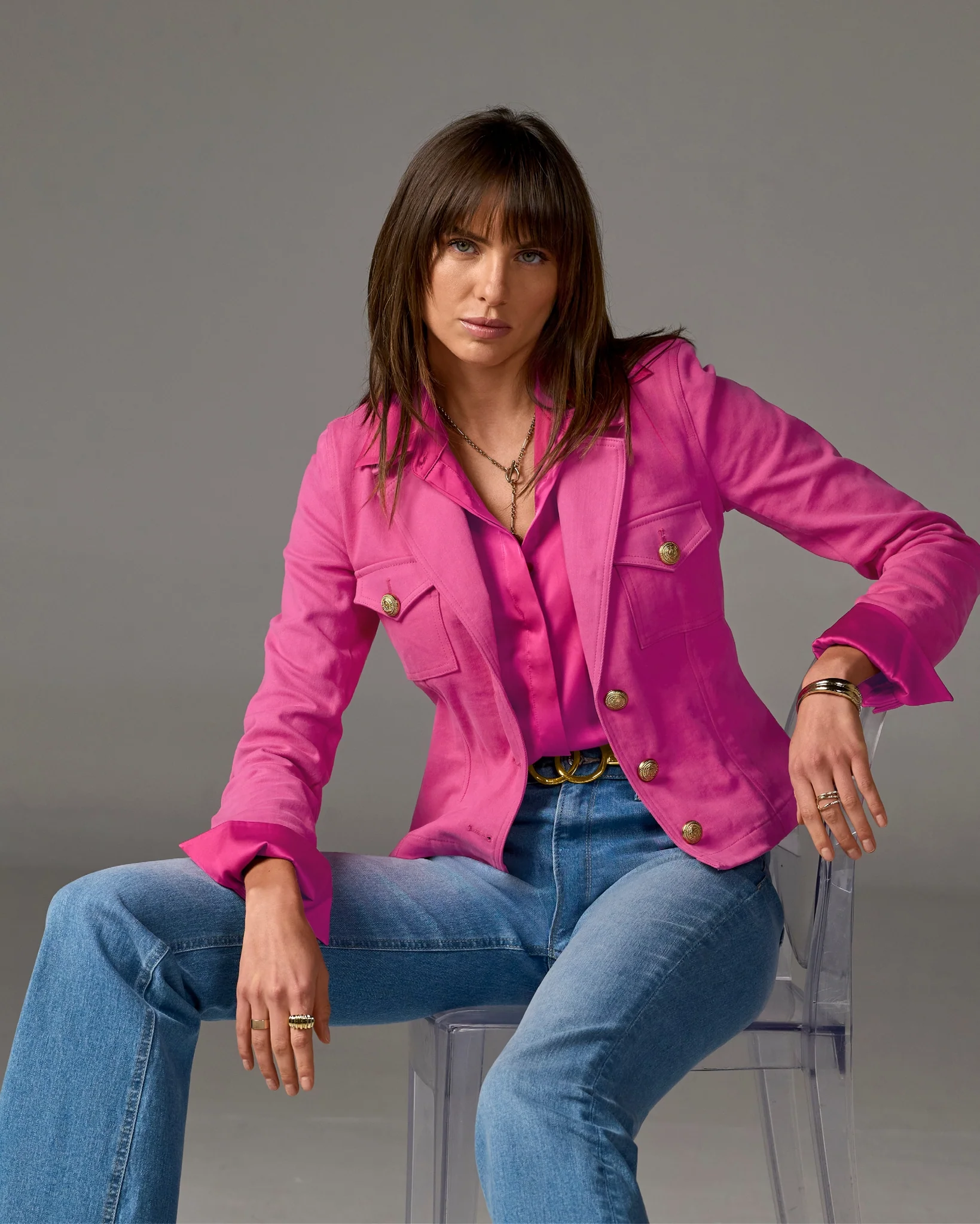 Modern Length Crest Button Luxe Denim Jacket Raspberry Rose - Mycitystee