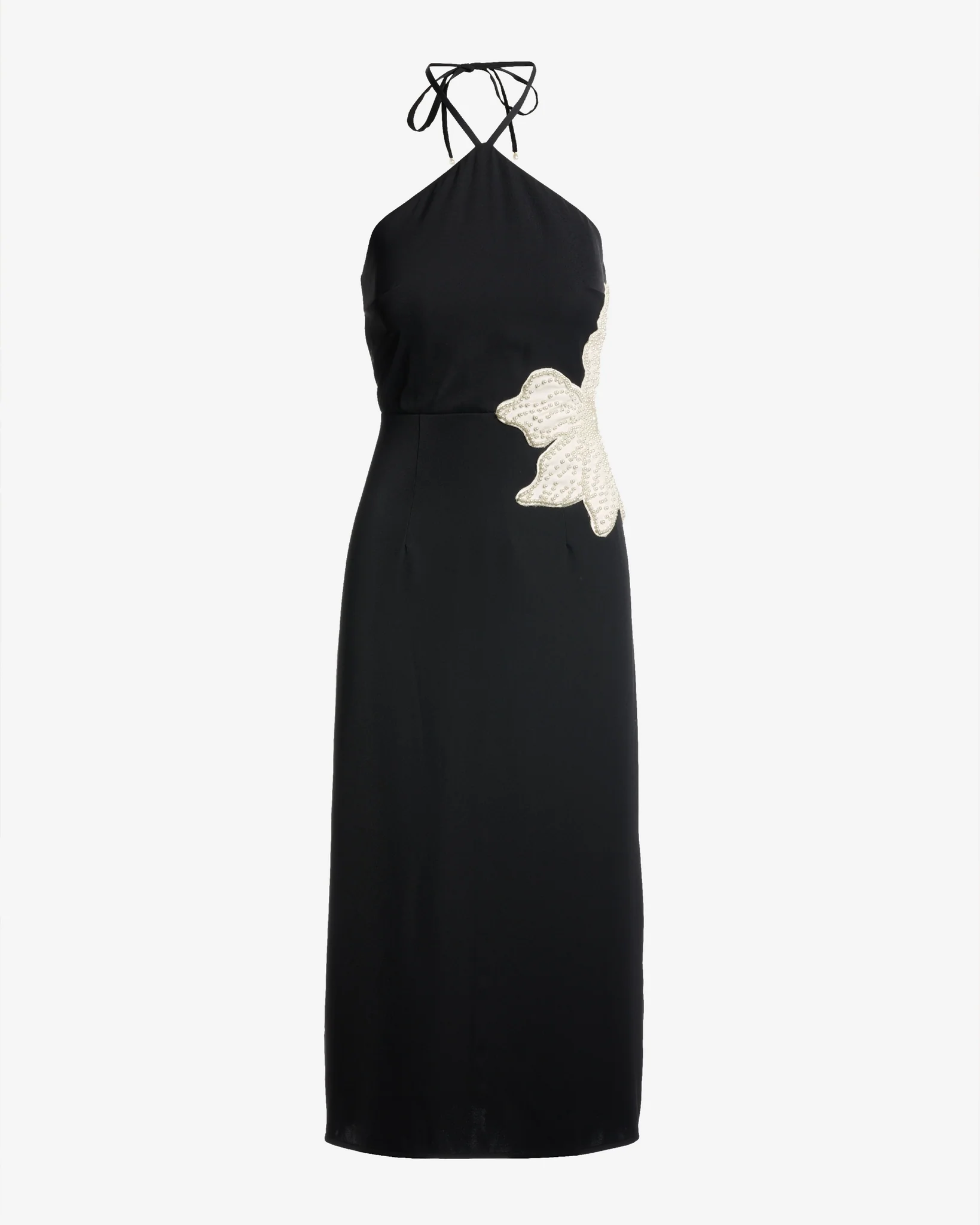 Pearl Embellished Flower Halter Column Dress Black - Mycitystee