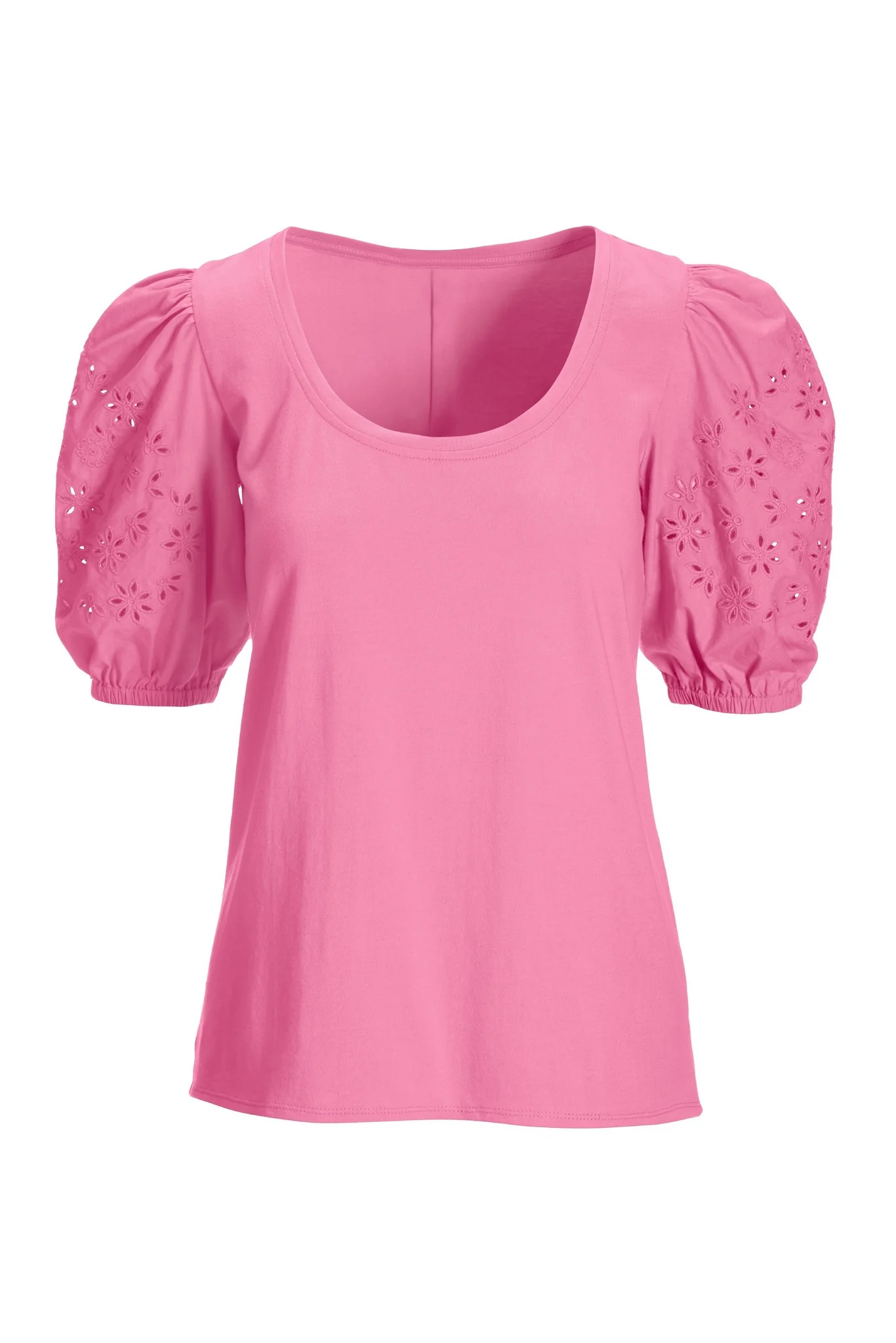 Eyelet Puff Sleeve Tee Pink Carnation - Mycitystee
