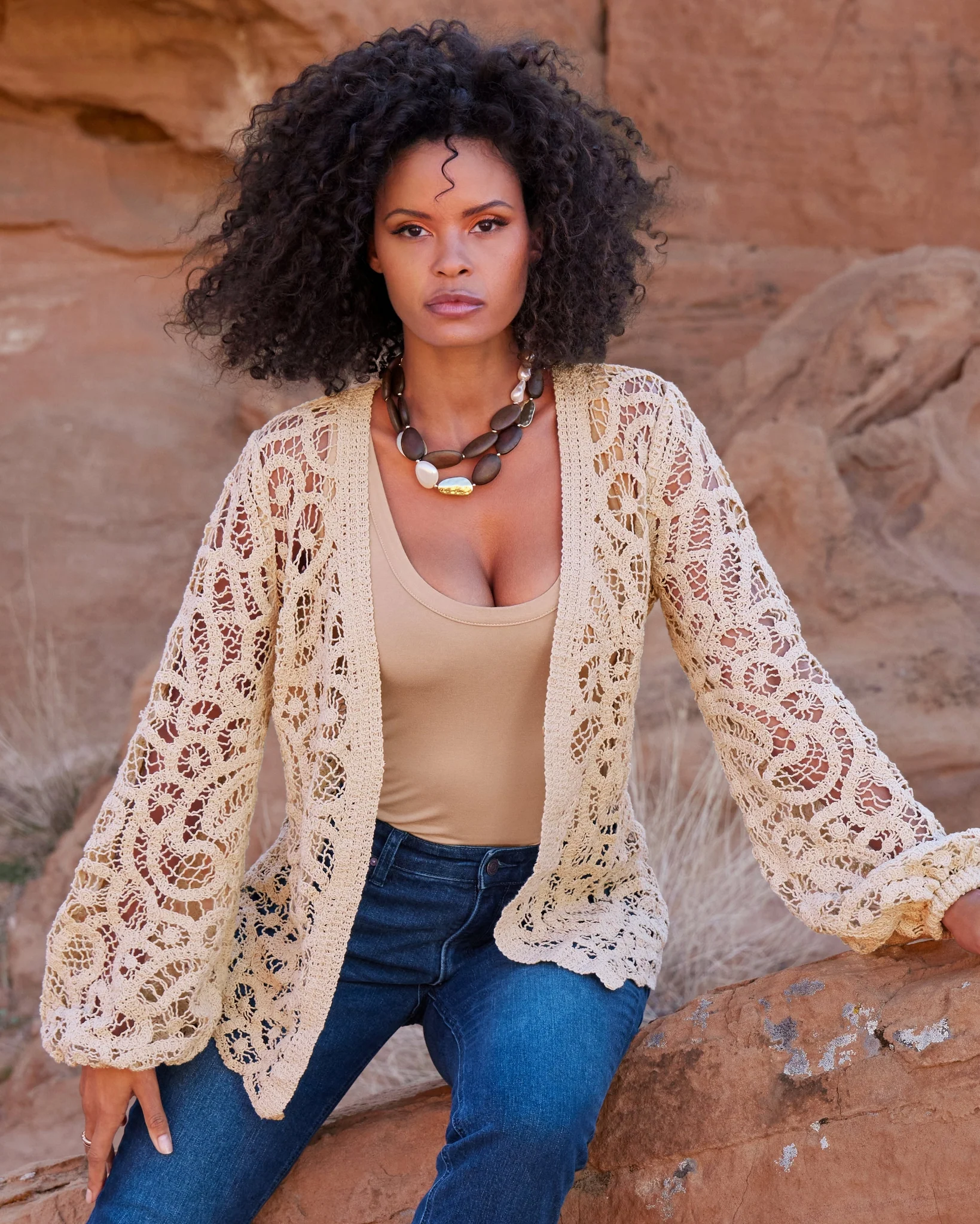 Transitional Balloon Sleeve Crochet Hip Length Duster Tan - Mycitystee