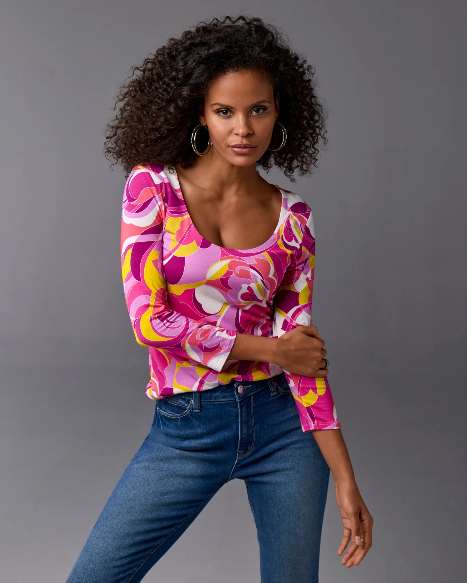 So Effortless Print Scoop Neck Knit Top Sunset Abstract - Mycitystee