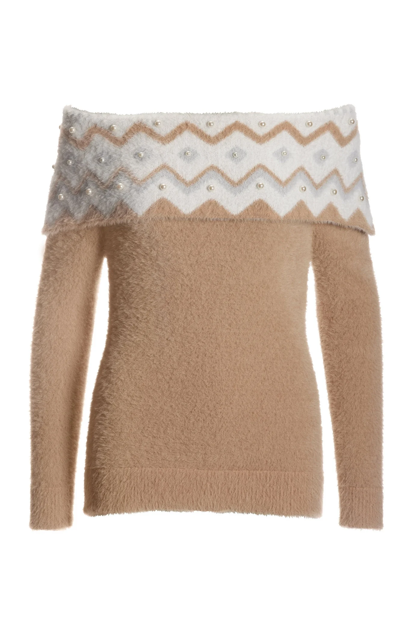Pearl Embellished Fold Over Fairisle Sweater Camel Multi - Mycitystee