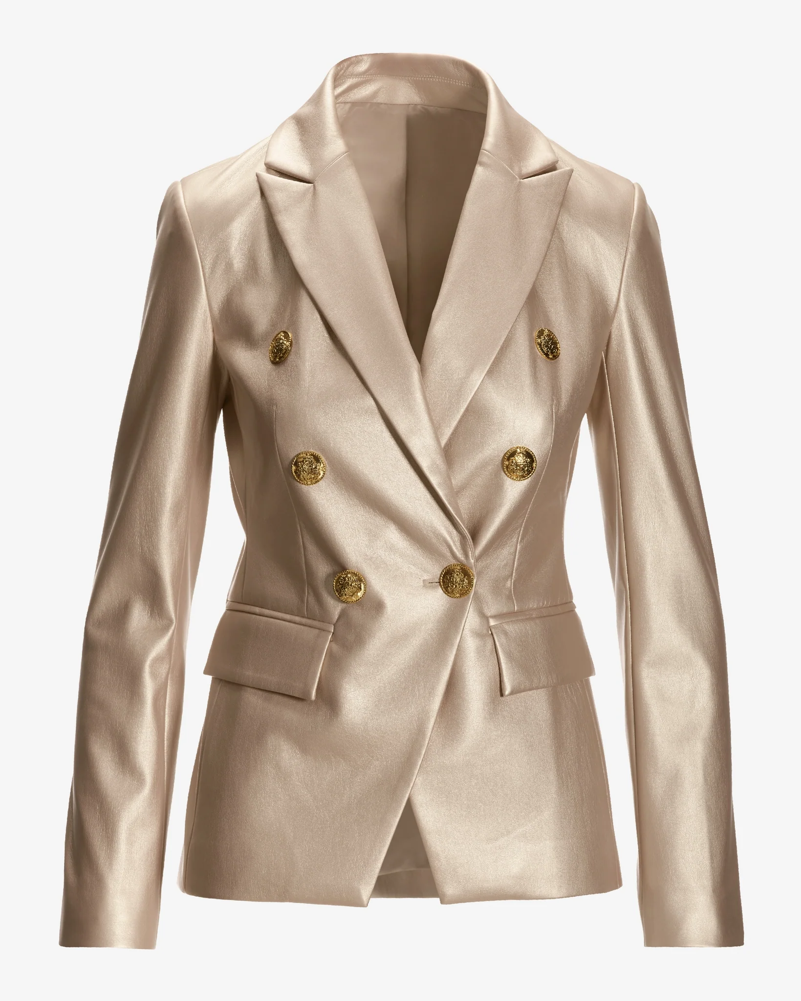 Metallic Faux Leather Double Breasted Blazer Champagne - Mycitystee