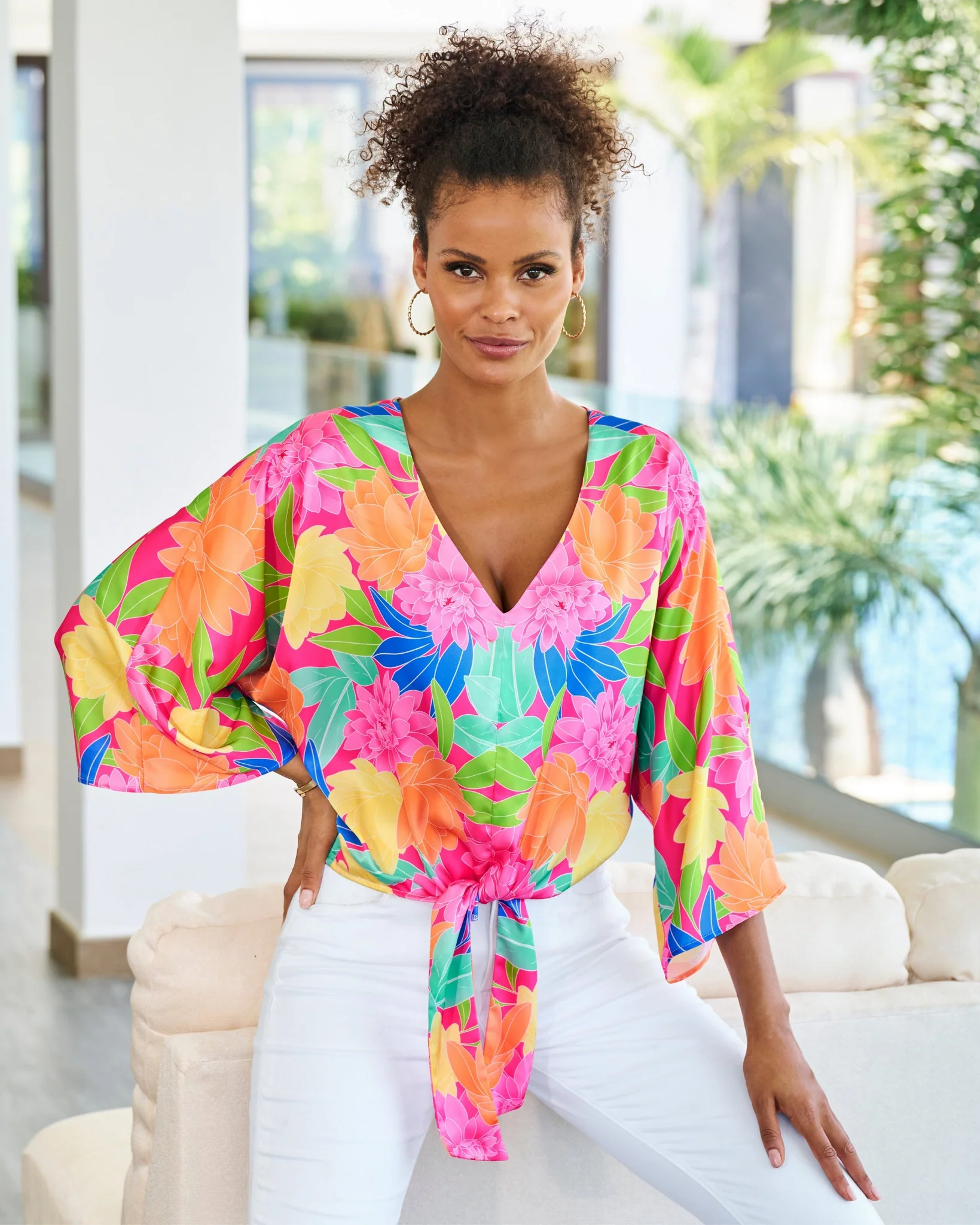 Mirrored Blooms Print Kate Tie Front Charmeuse Blouse Pink Multi - Mycitystee