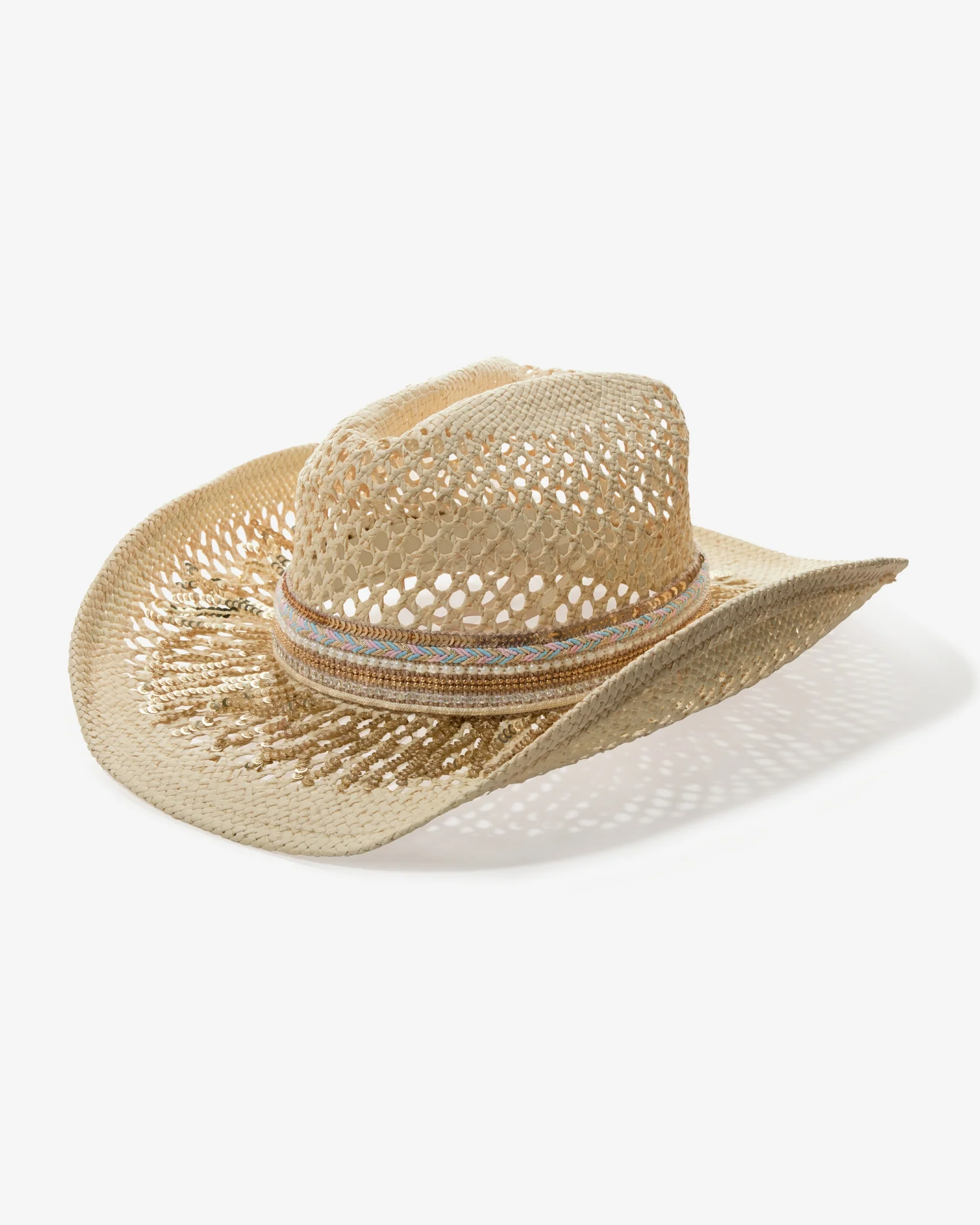 Sequin and Embroidered Trim Western Hat Natural - Mycitystee