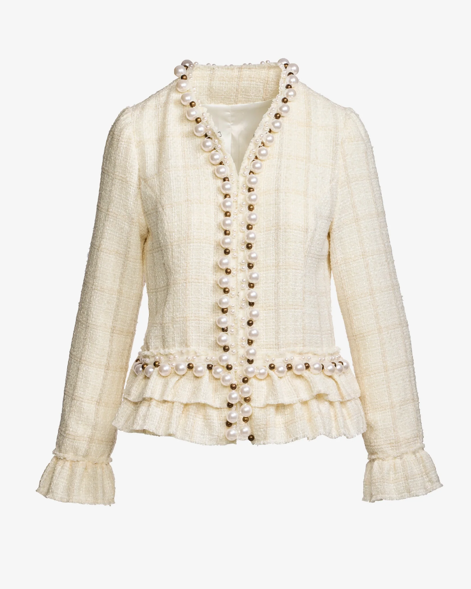 Pearl Trim Tweed Ruffle Detail Jacket Off White - Mycitystee