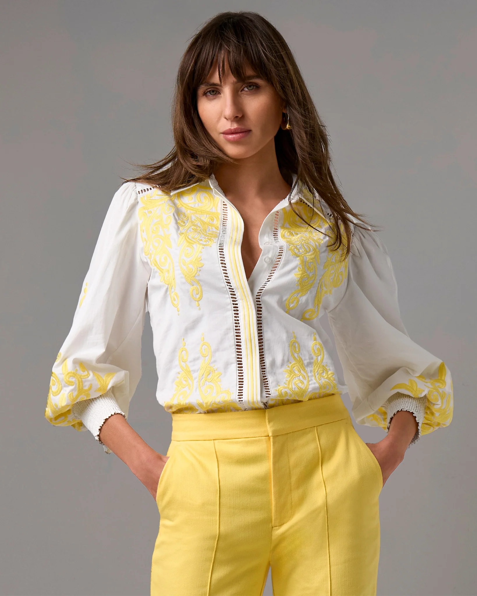 Hamptons Scroll Detail Button Up Shirt Lemon Drop - Mycitystee