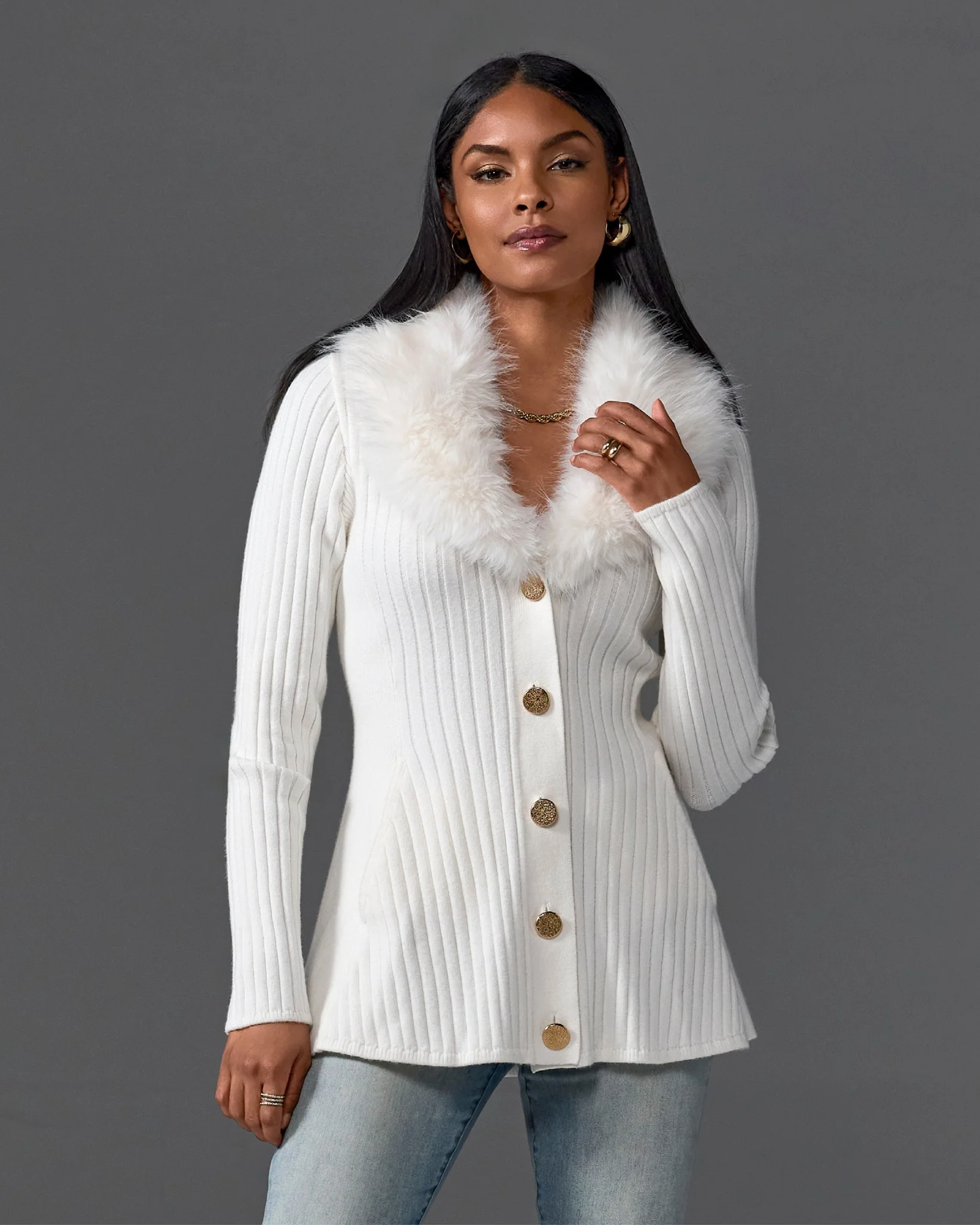 Faux Fur Trim Button Up A-Line Cardigan Off White - Mycitystee
