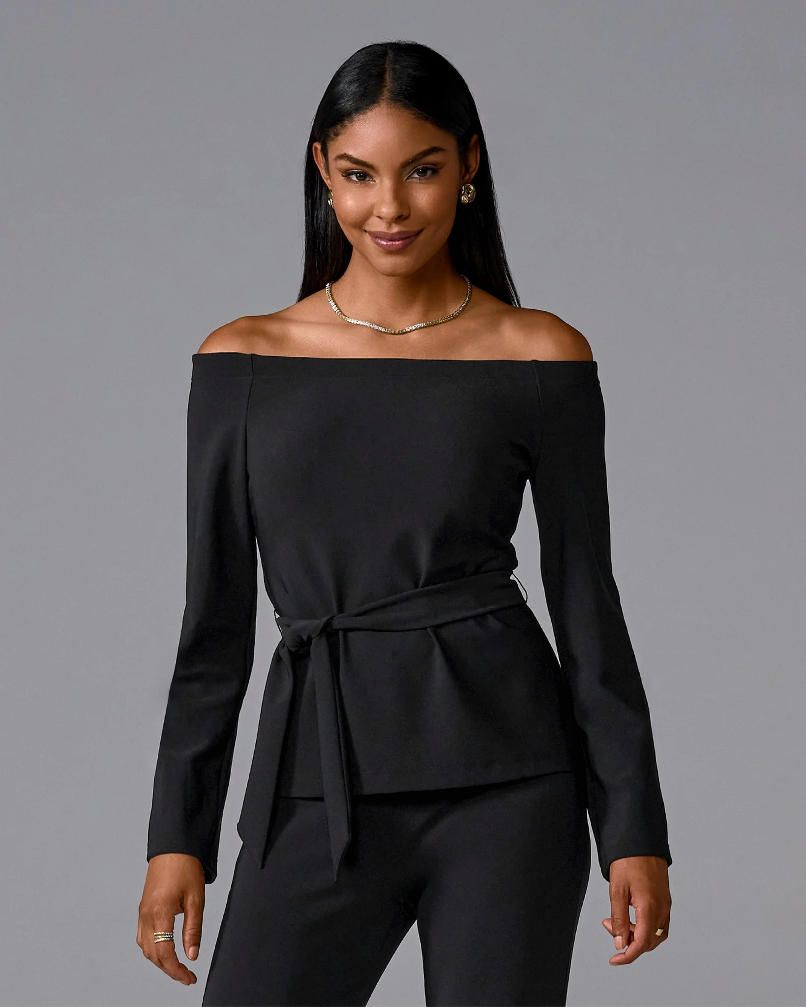 Beyond Travel Belted Off The Shoulder Top Jet Black - Mycitystee