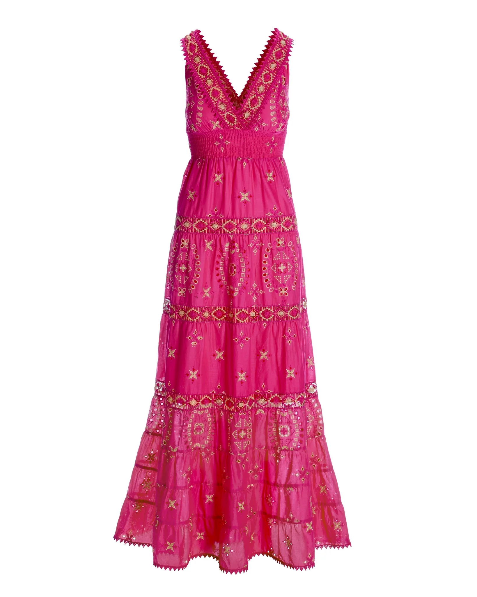 Metallic Lace-Inset Eyelet Maxi Dress Pink/Gold - Mycitystee