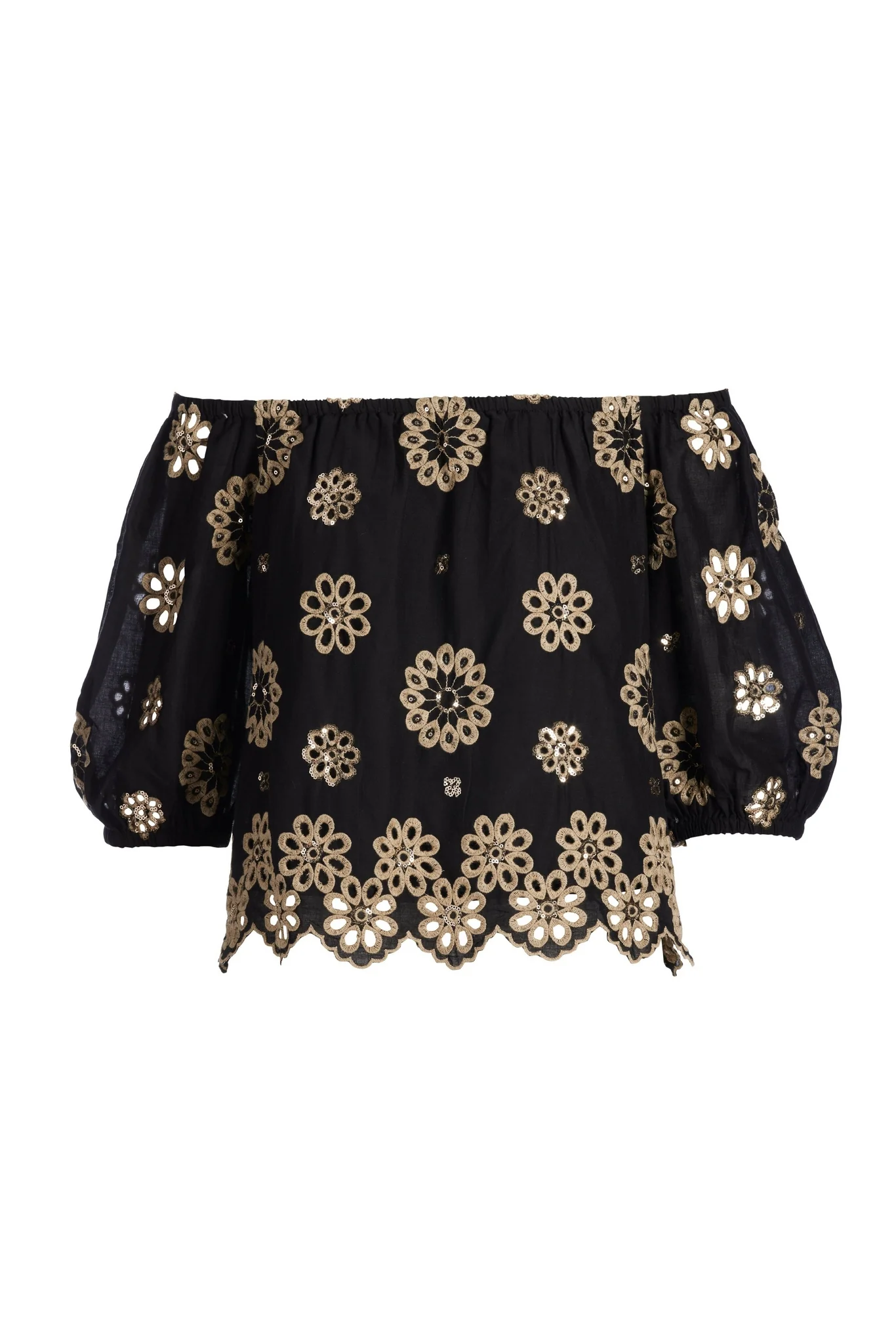 Embroidered Sequin Scallop Hem Blouse Black Multi - Mycitystee