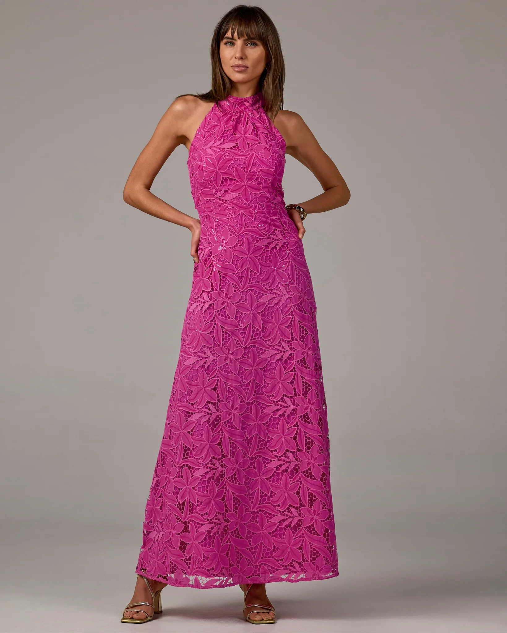 Sequin Lace Halter Neck Maxi Dress Raspberry Rose - Mycitystee
