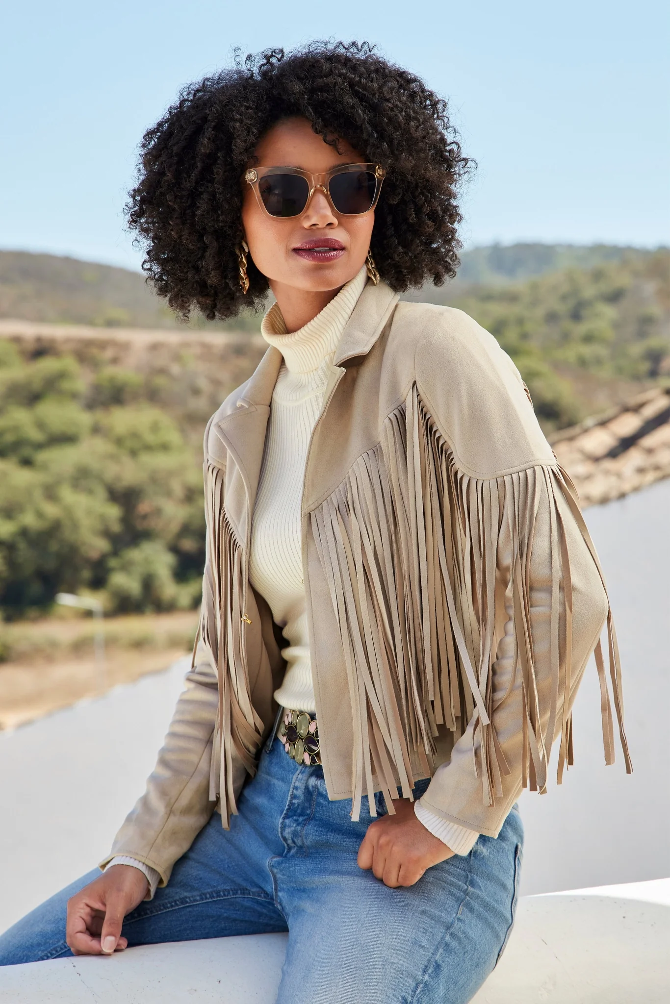Fringed Faux Suede Jacket Sand - Mycitystee