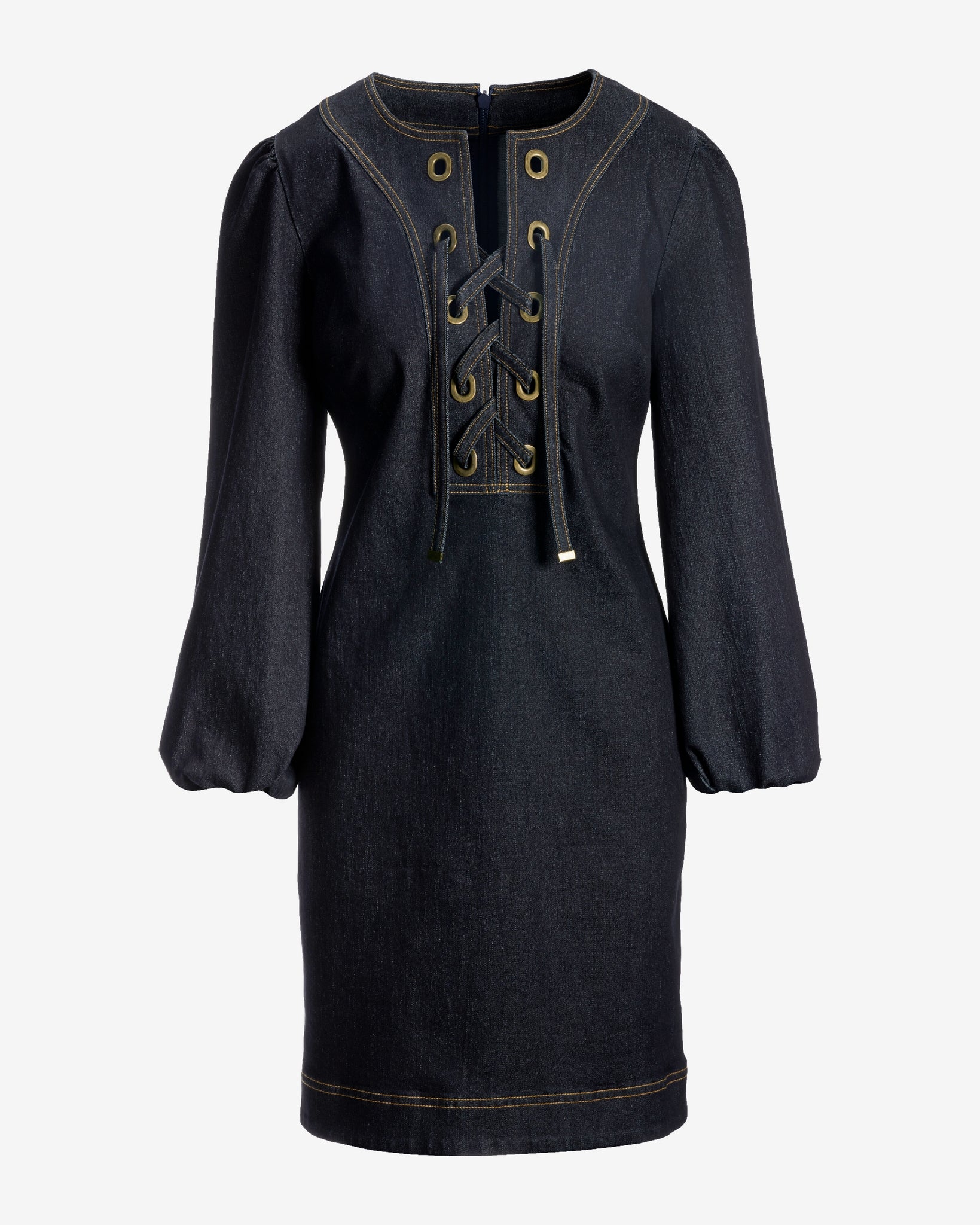 Lace Up Grommet Detail Denim Tunic Dress Dark Rinse - Mycitystee