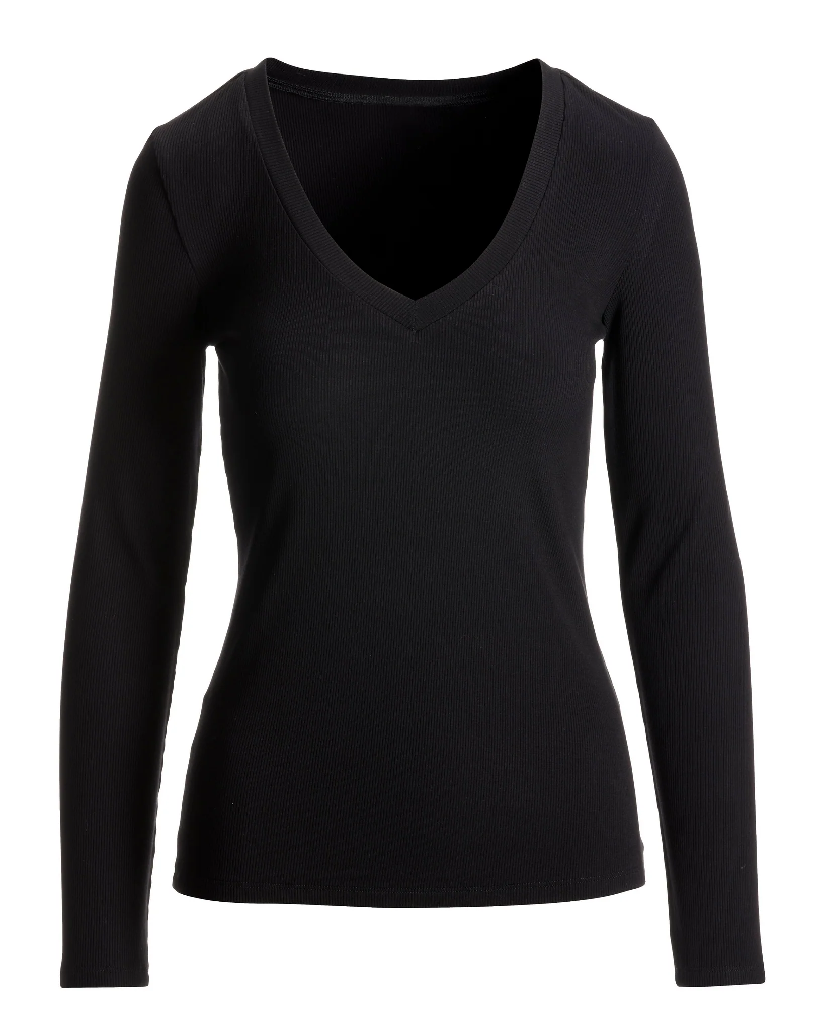 So Essential Ribbed V Neck Long Sleeve Top Proper Black - Mycitystee