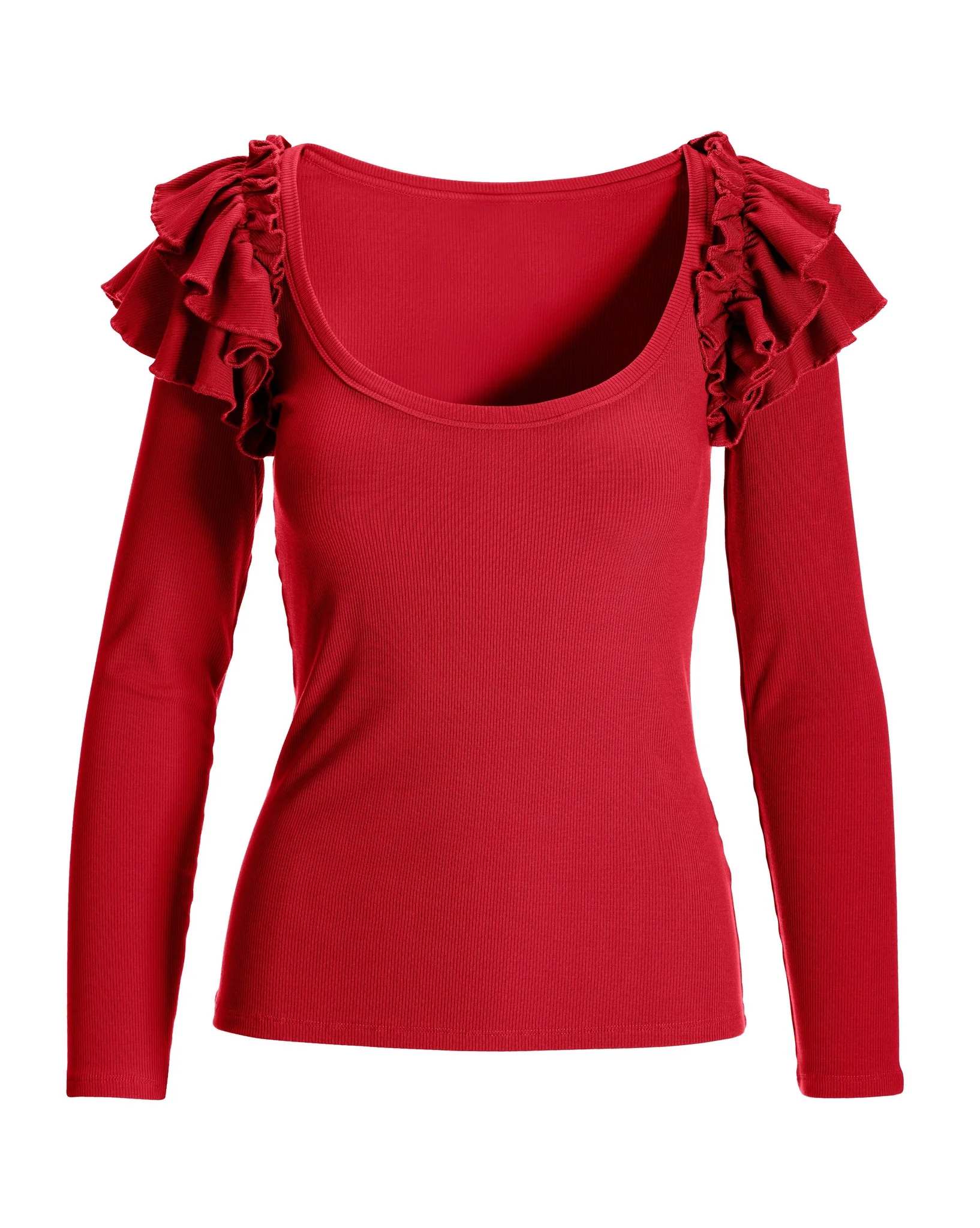 So Essential Ruffle Ribbed Long Sleeve Top Racing Red - Mycitystee