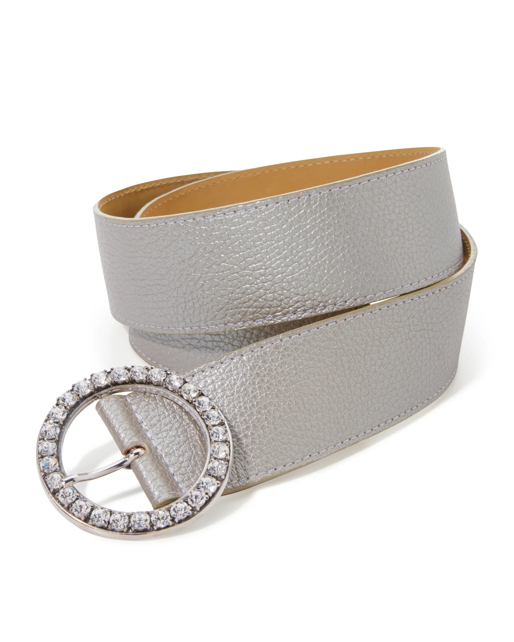 Round Crystal Metallic Leather Belt Silver - Mycitystee