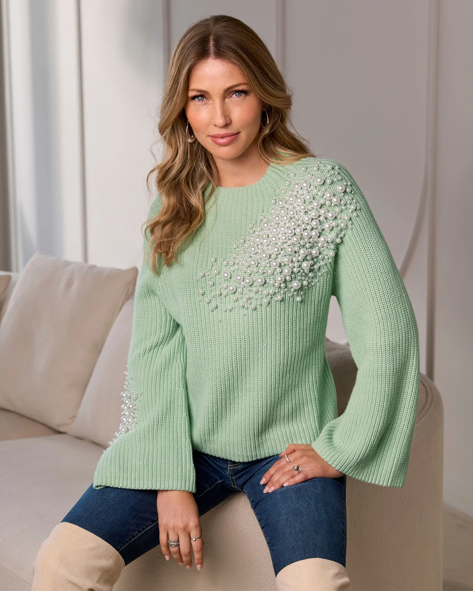 Pearl Embellished Flare Sleeve Sweater Surf Spray - Mycitystee
