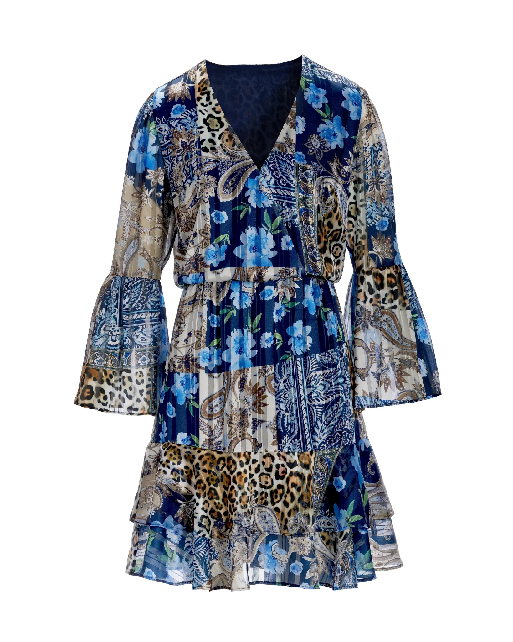 Wild Patchwork Print Flare Sleeve Peasant Dress Blue - Mycitystee