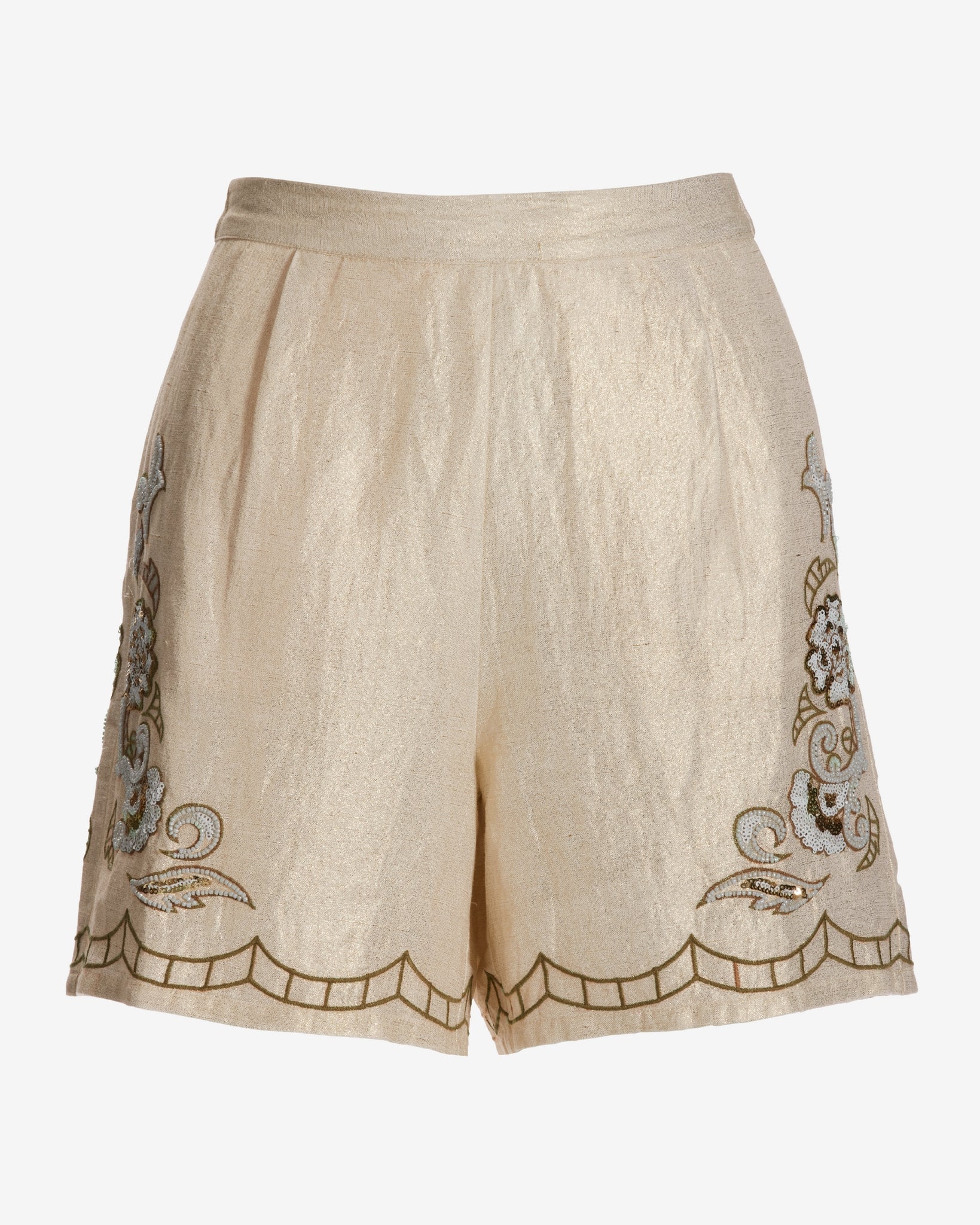 Gold Shimmer Beaded and Embroidered Trouser Short Tan/White - Mycitystee