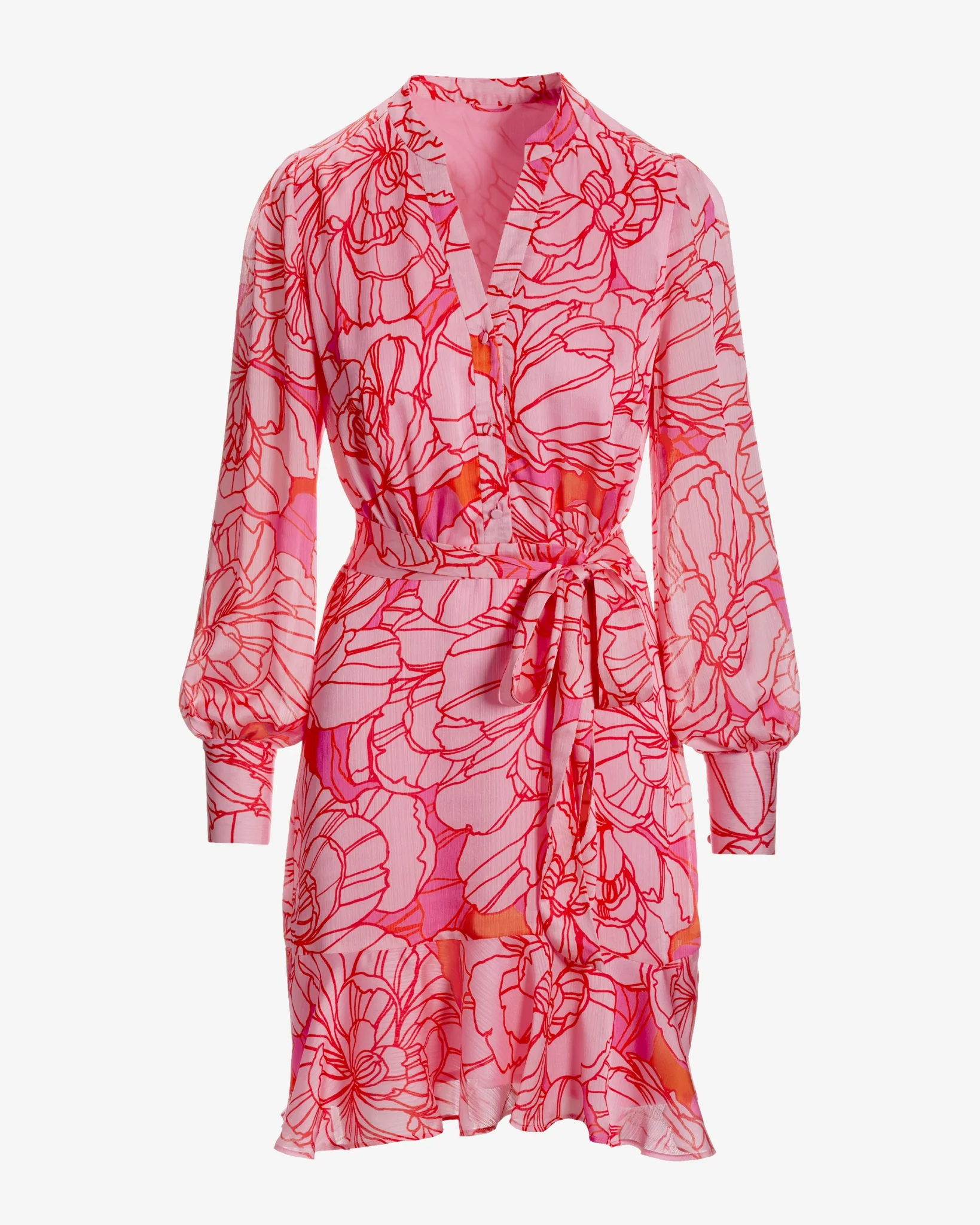 Blooming Outlines Print Button Up Ruffle Flounce Dress Pink - Mycitystee