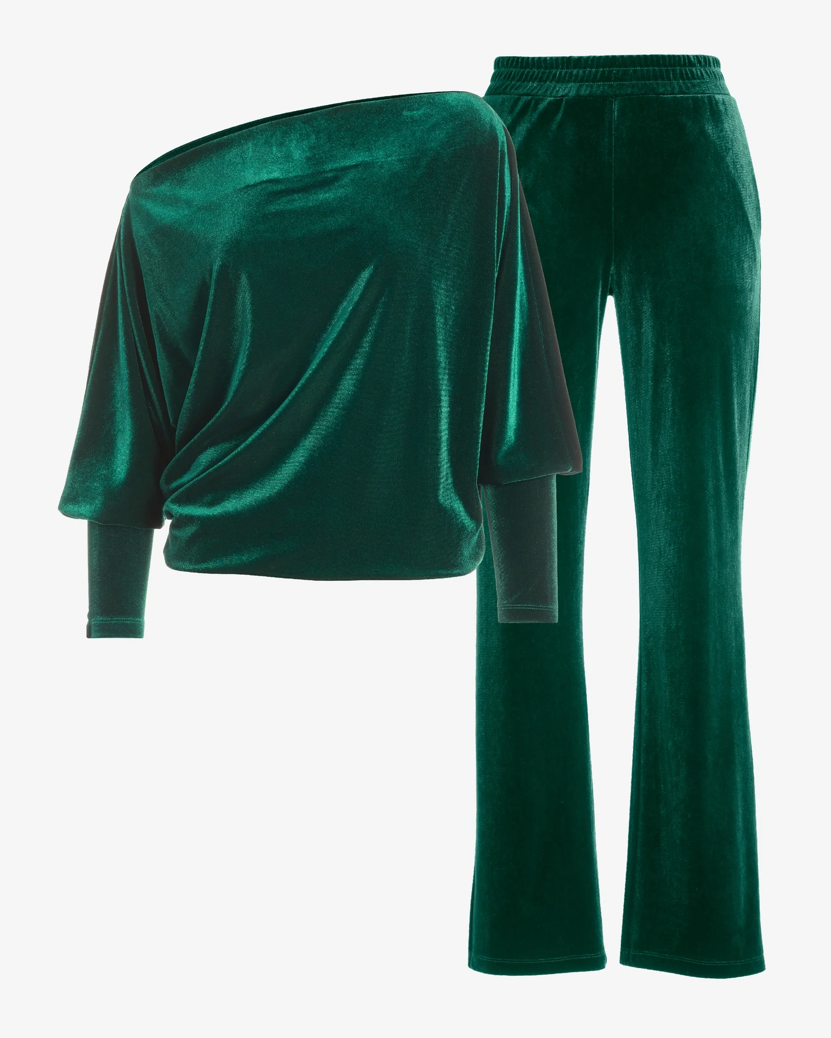 Chic Velour Slouchy and Wide Leg Lounge Set Deep Emerald - Mycitystee