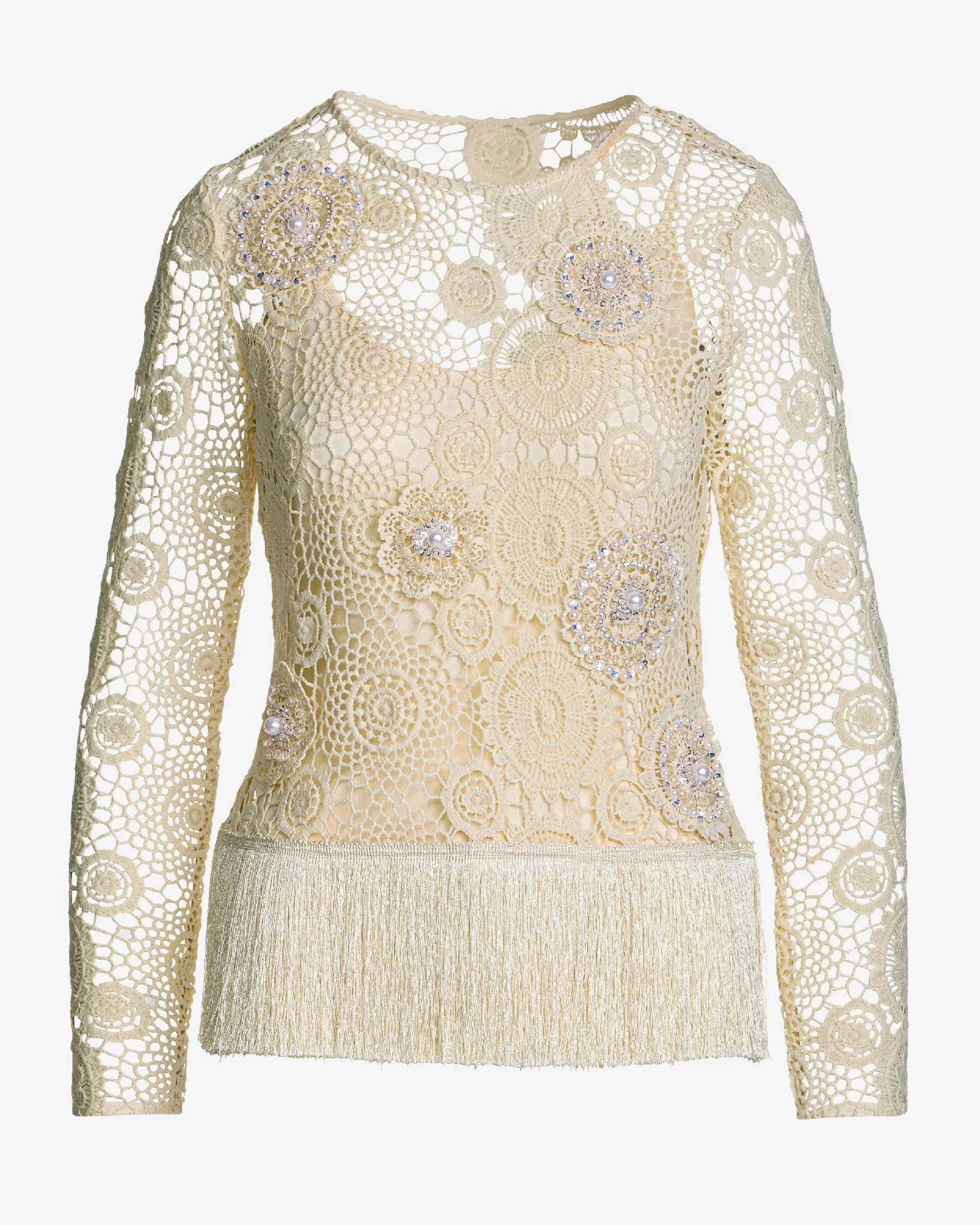 Embellished Crochet Fringe Pullover Natural - Mycitystee