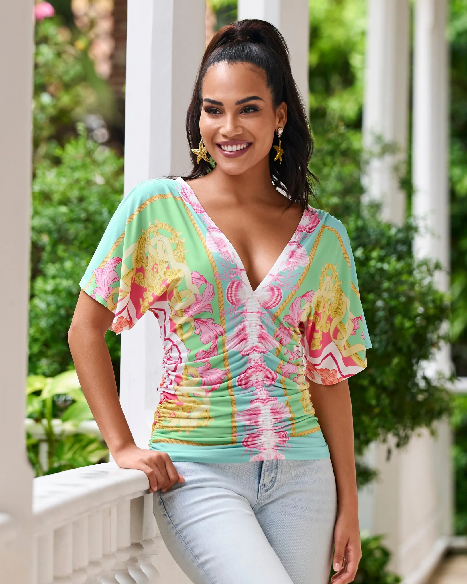 So Chic Sea Life Status Ruched Top Multi - Mycitystee