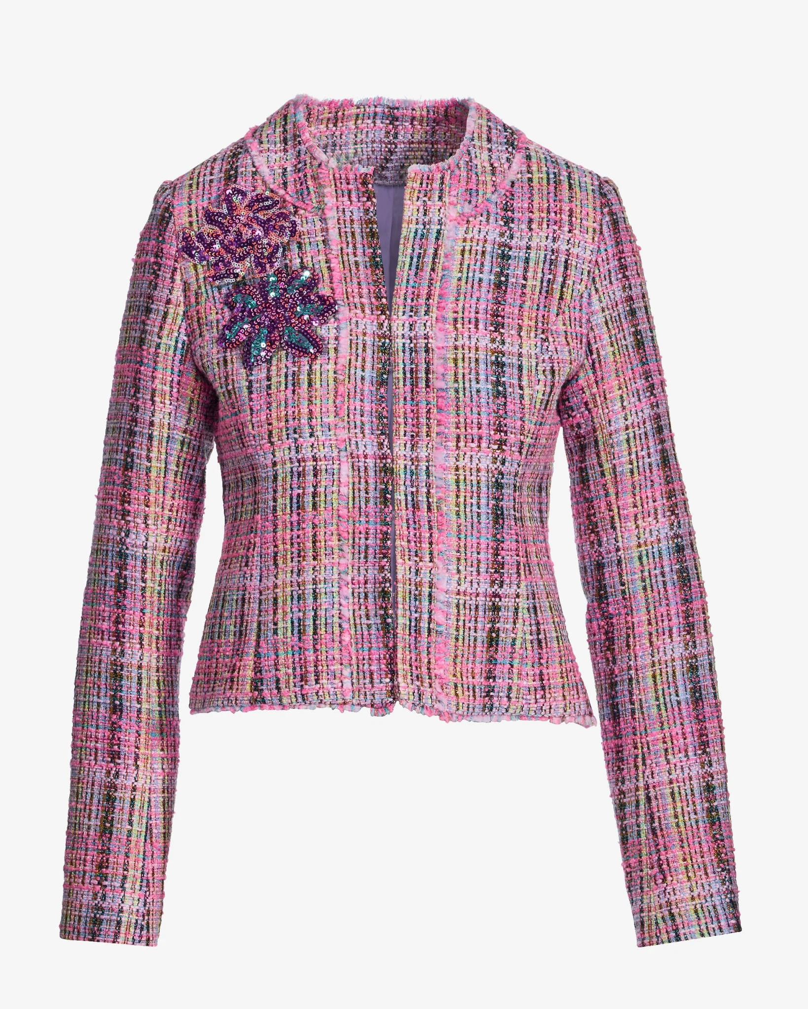 Floral Sequin Mesh Applique Multicolor Tweed Jacket Pink Multi - Mycitystee