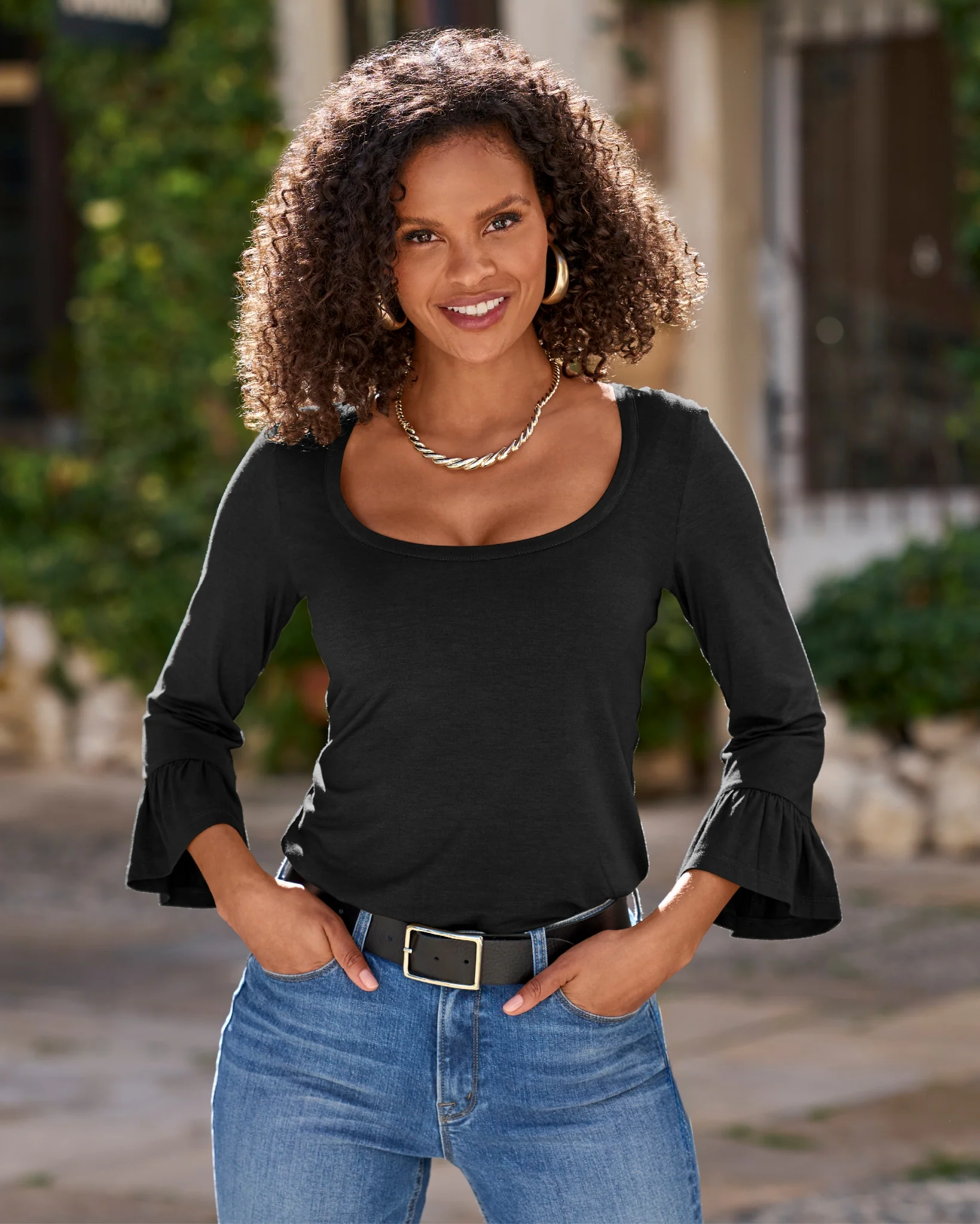 So Effortless Flare Sleeve Scoop Neck Knit Top Proper Black - Mycitystee