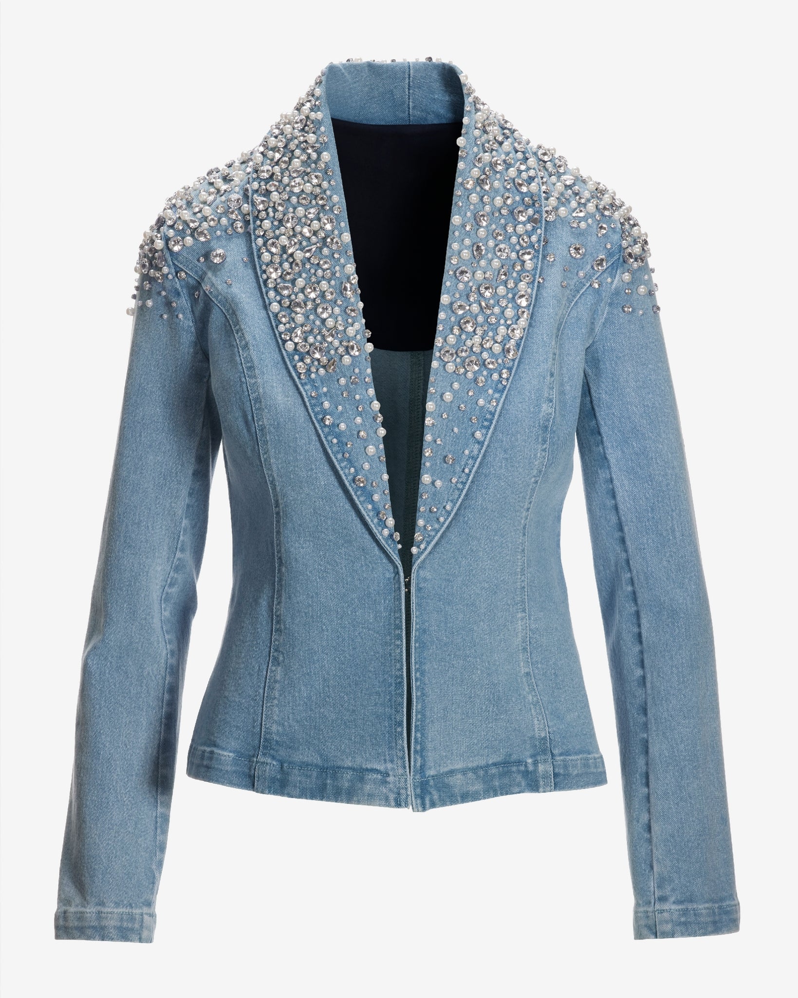 Pearl Embellished Denim Shawl Collar Jacket Light Wash - Mycitystee