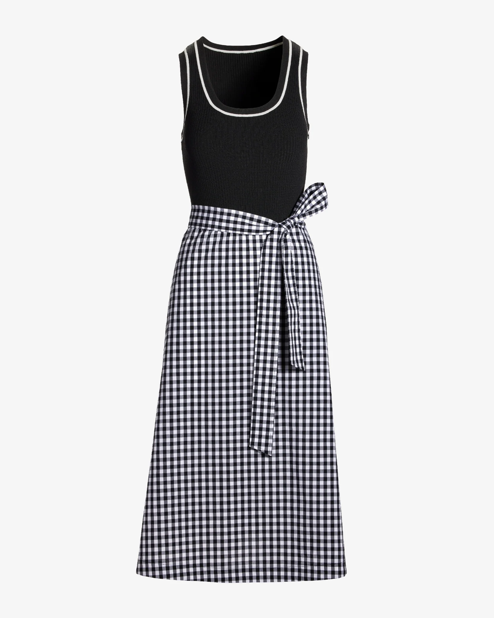 Mixed Media Piped Scoop Neck Gingham Midi Dress Black/White - Mycitystee