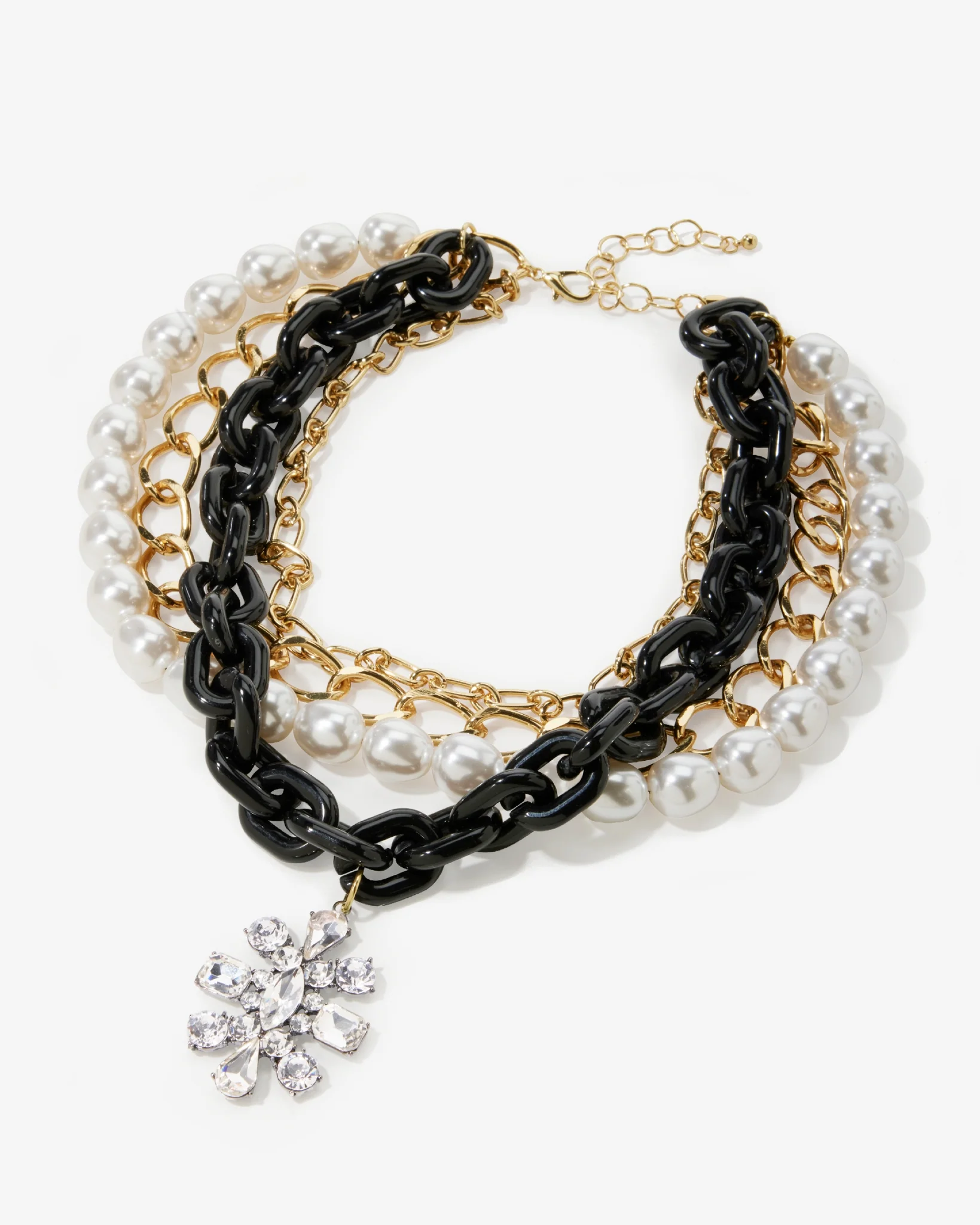 Gold Chains & Pearls Layered Necklace Black/White/Gold - Mycitystee