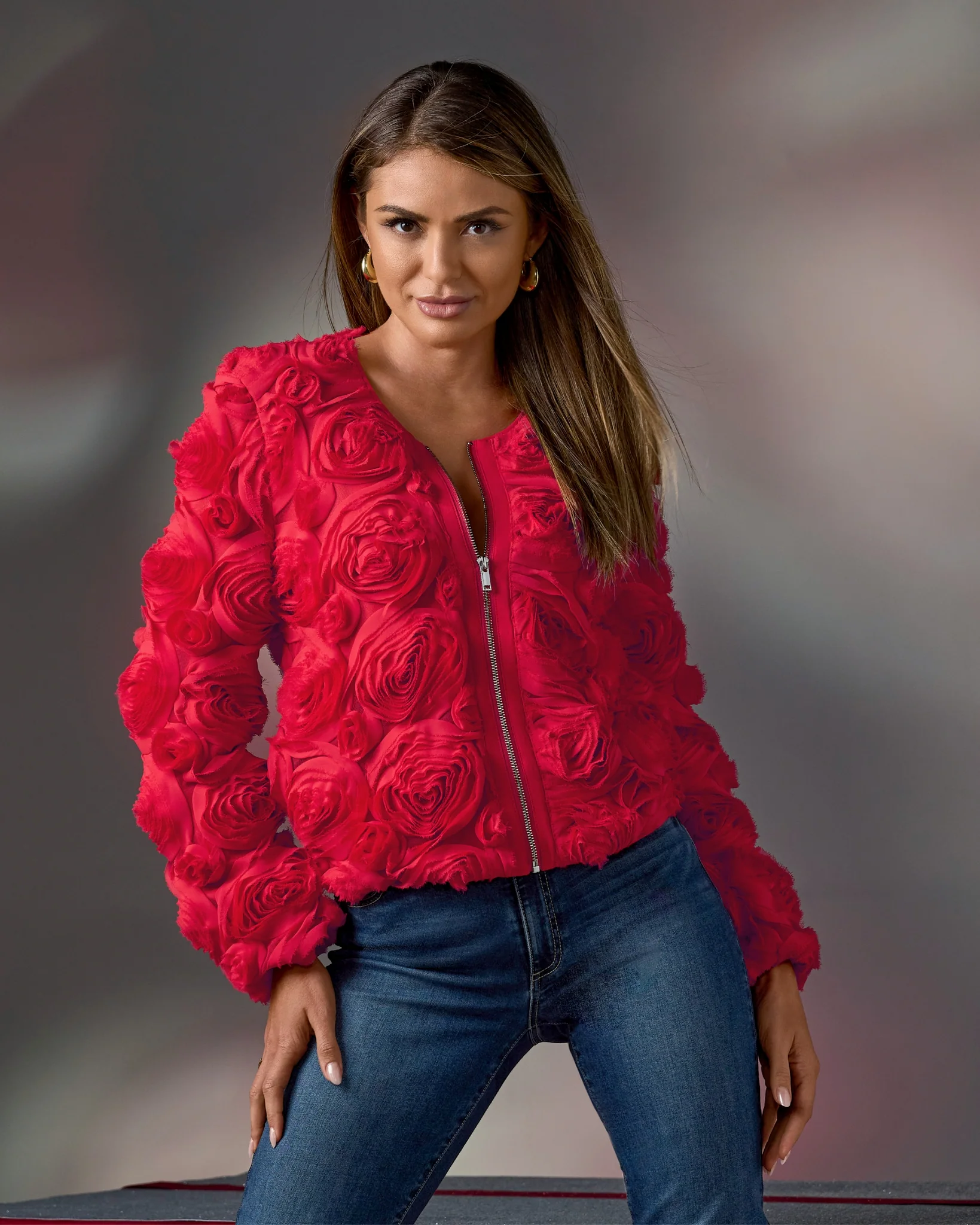 Rosette Zip Up Jacket Racing Red - Mycitystee
