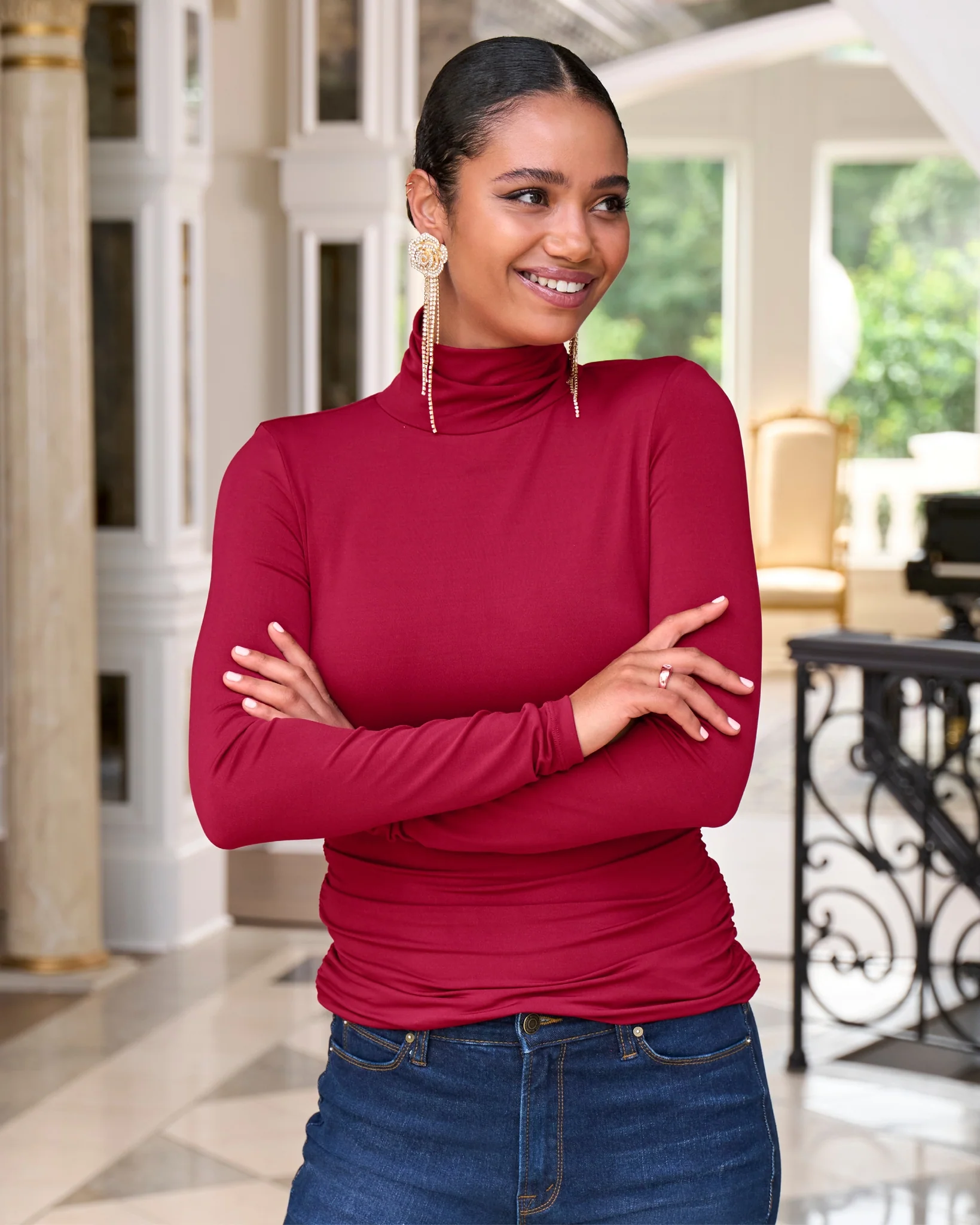 So Chic Ruched Turtleneck Top Rumba Red - Mycitystee
