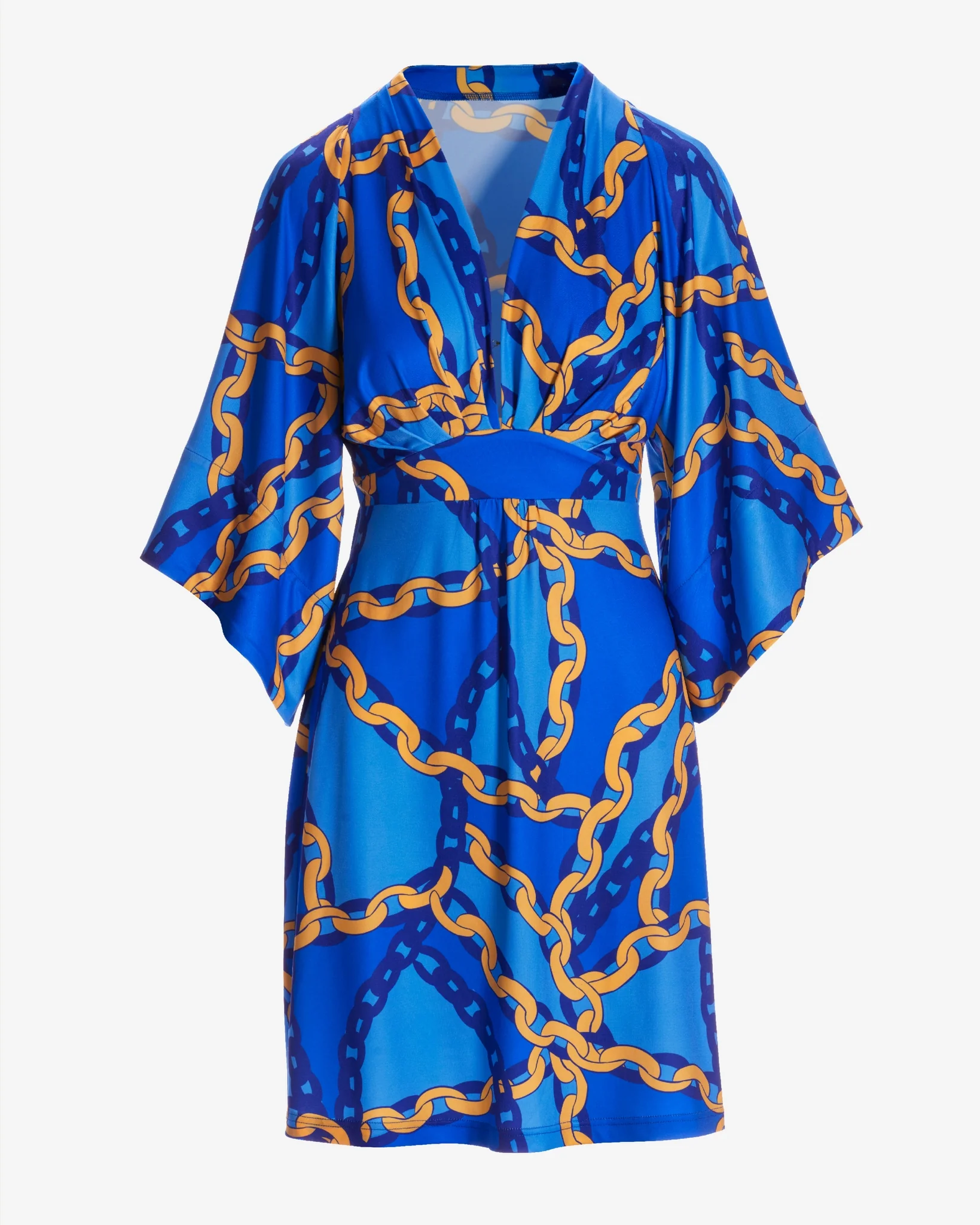 La Isla Chains Print Flare Sleeve A Line Knit Dress Blue/Yellow - Mycitystee
