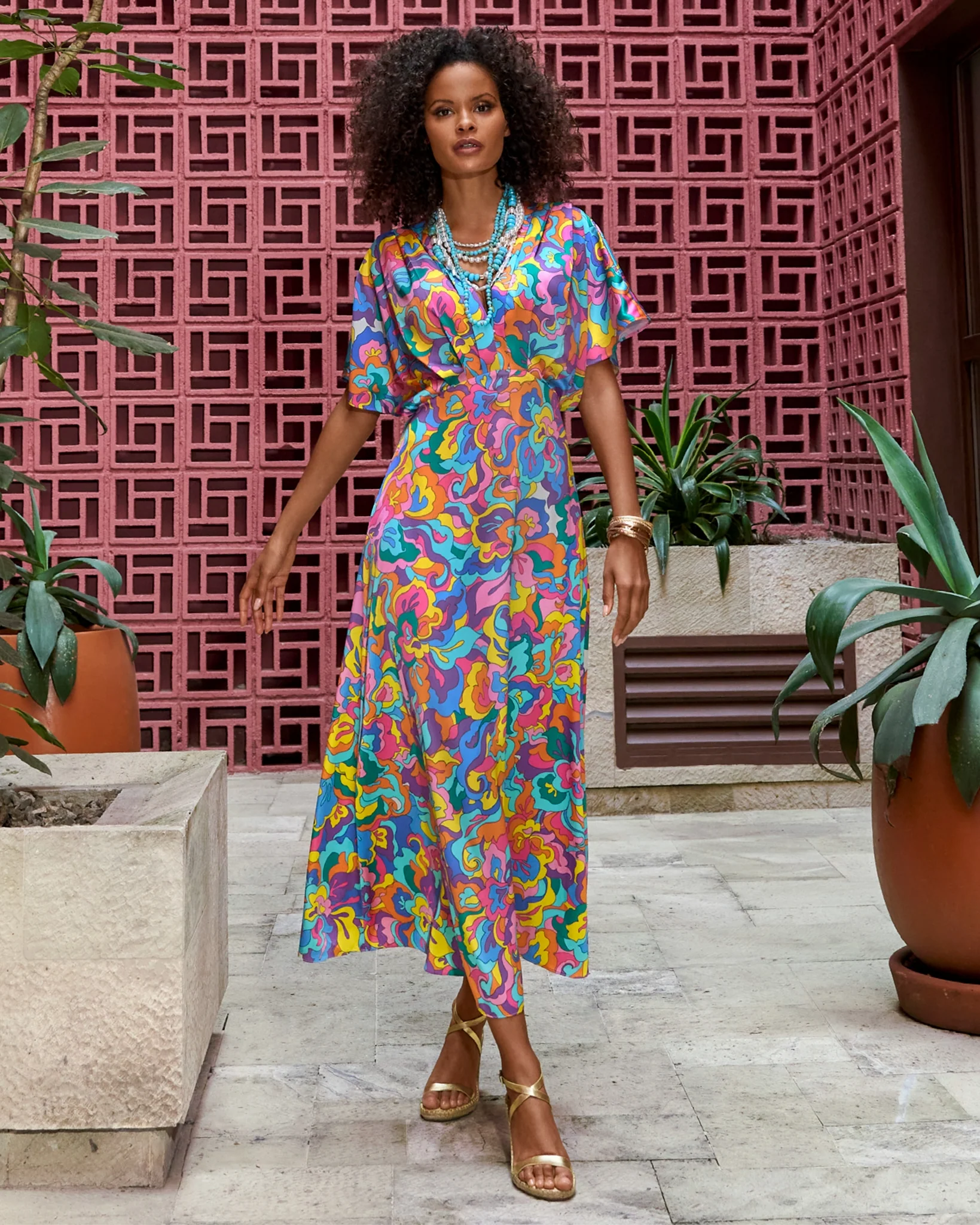 Abstract Sol Print V neck Ankle Length Dress Multi - Mycitystee