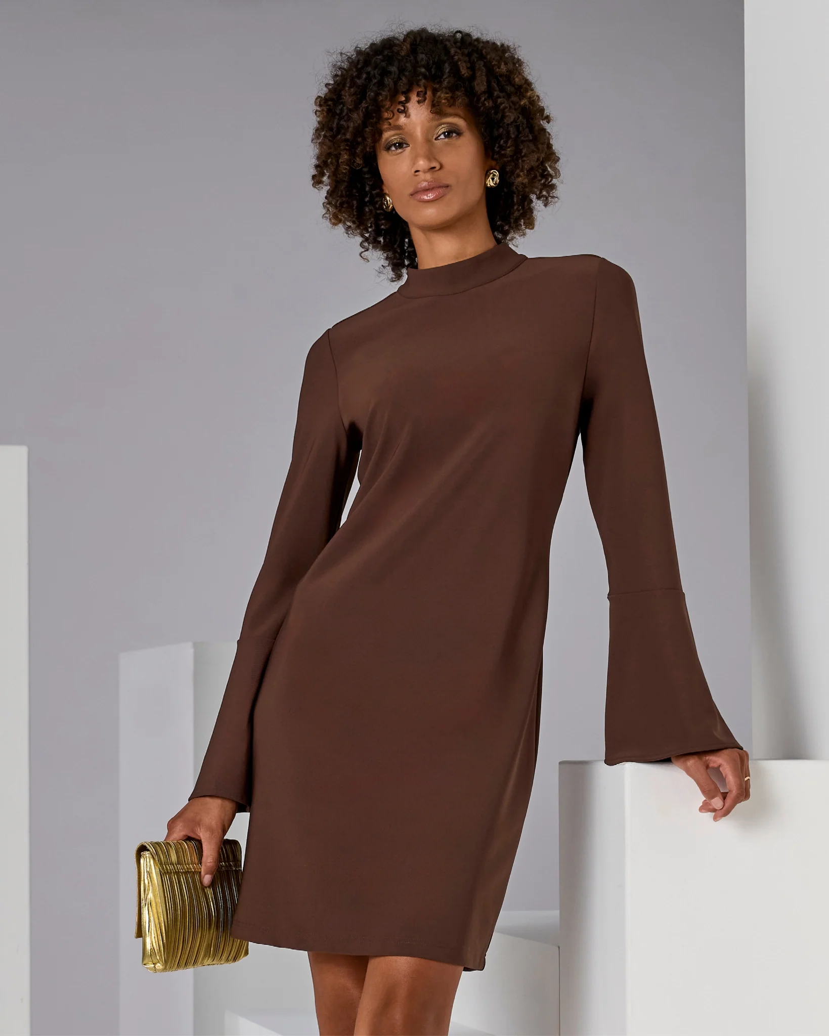 Beyond Travel Bell Sleeve Dress Coffee Bean - Mycitystee