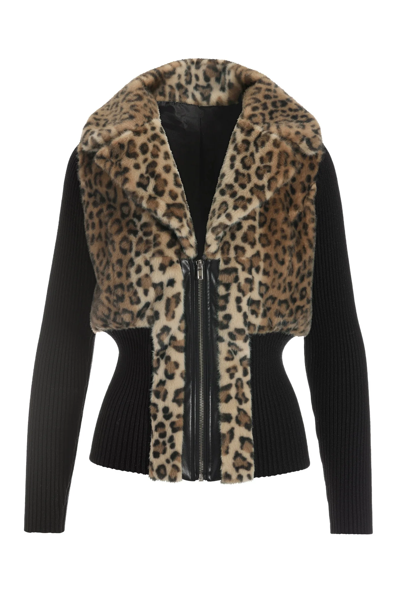 Animal Faux Fur Zip Up Cardigan Black Multi - Mycitystee