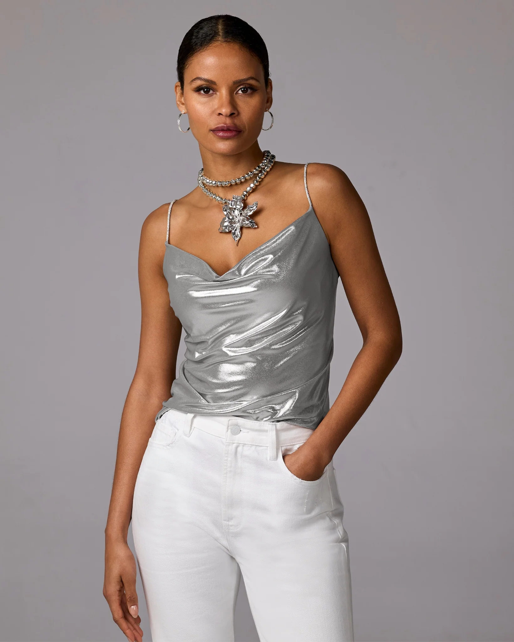 Metallic Cowl Neck Cami Silver - Mycitystee