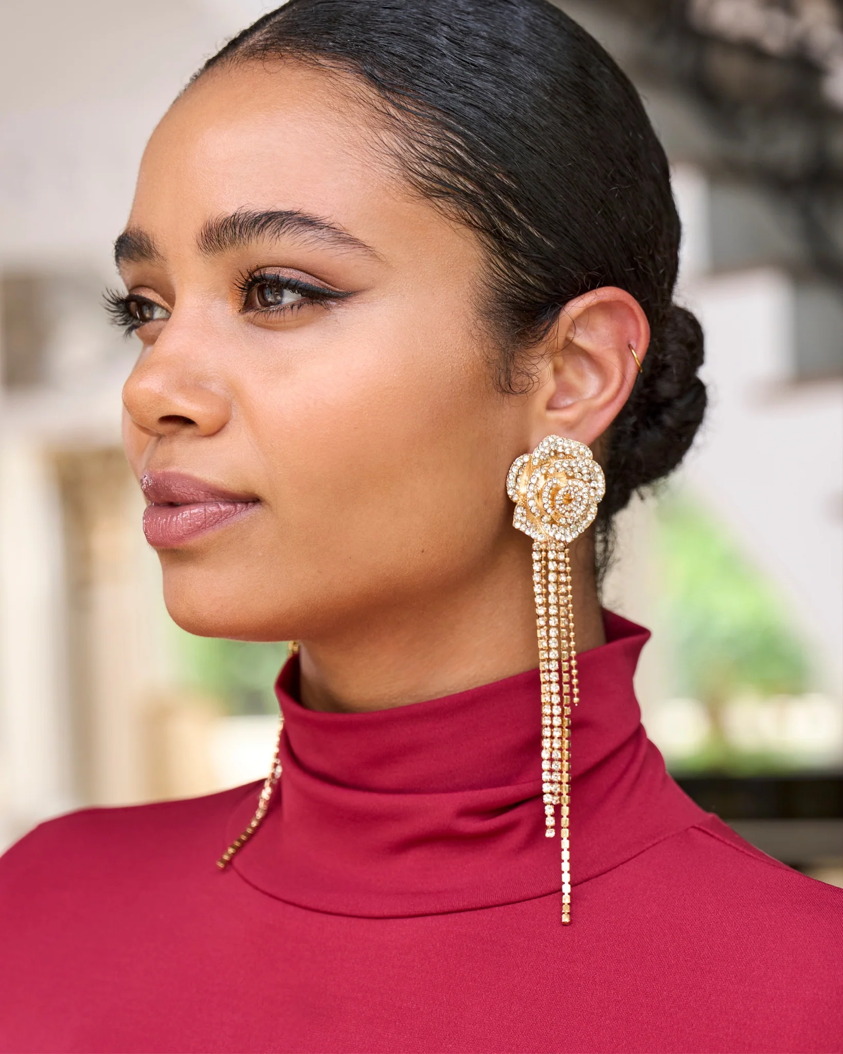 Rosette Rhinestone Fringe Earring Gold - Mycitystee