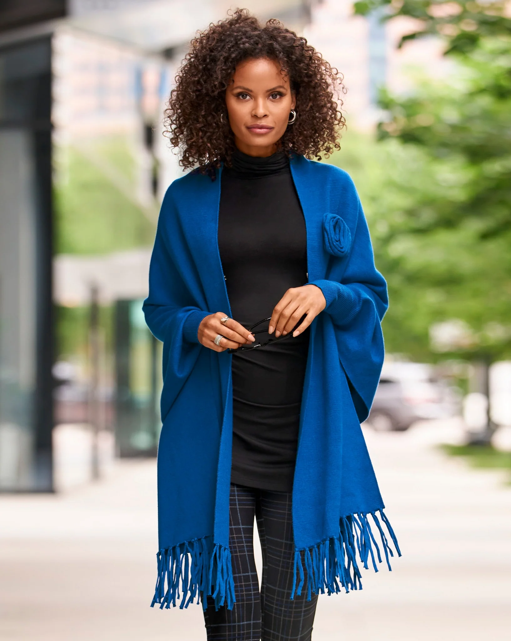 Rosette Brooch Fringe Poncho Classic Blue - Mycitystee