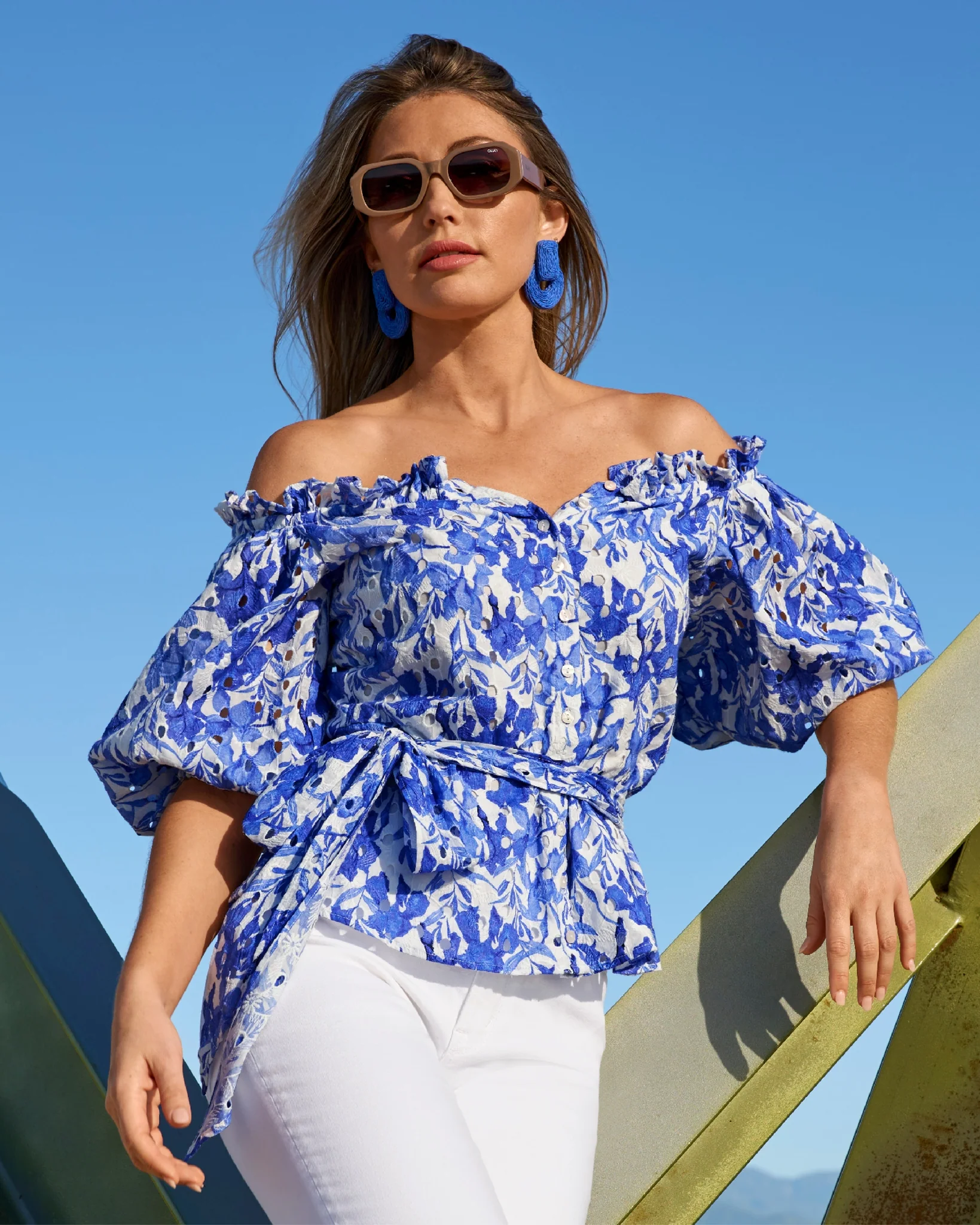 Ocean Fleurs Print Eyelet Puff Sleeve Tie Waist Peplum Blouse Blue - Mycitystee