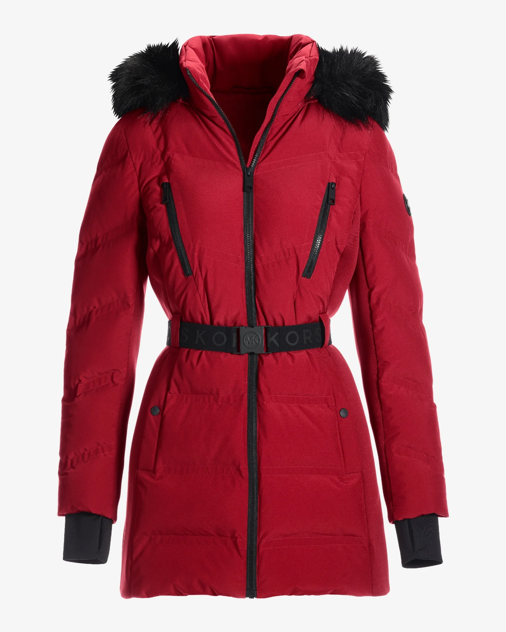 Faux Fur Trim Shaped Belted Puffer Jacket Deep Red - Mycitystee
