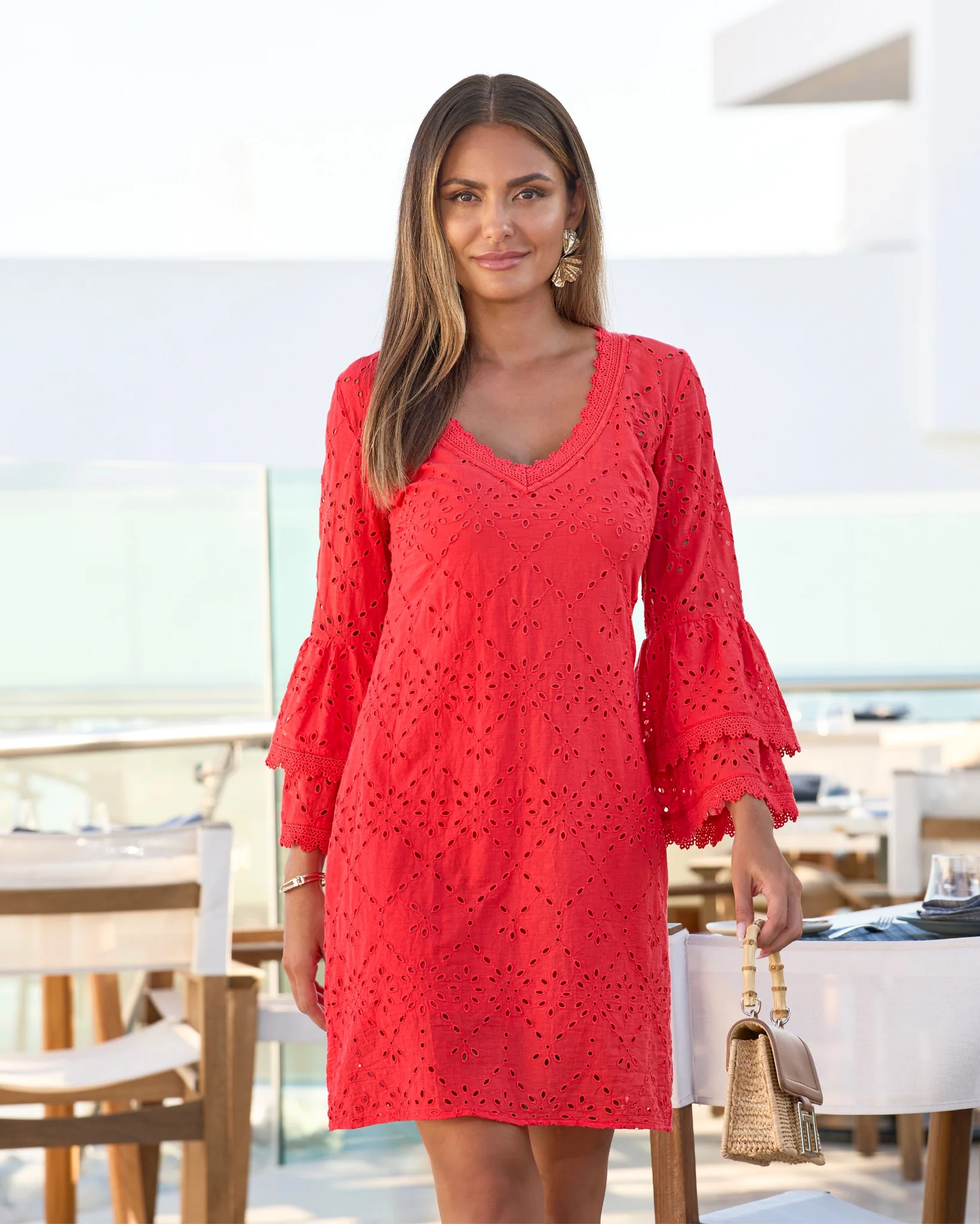 Lace Trim Tiered Sleeve Eyelet Shift Dress Hibiscus - Mycitystee