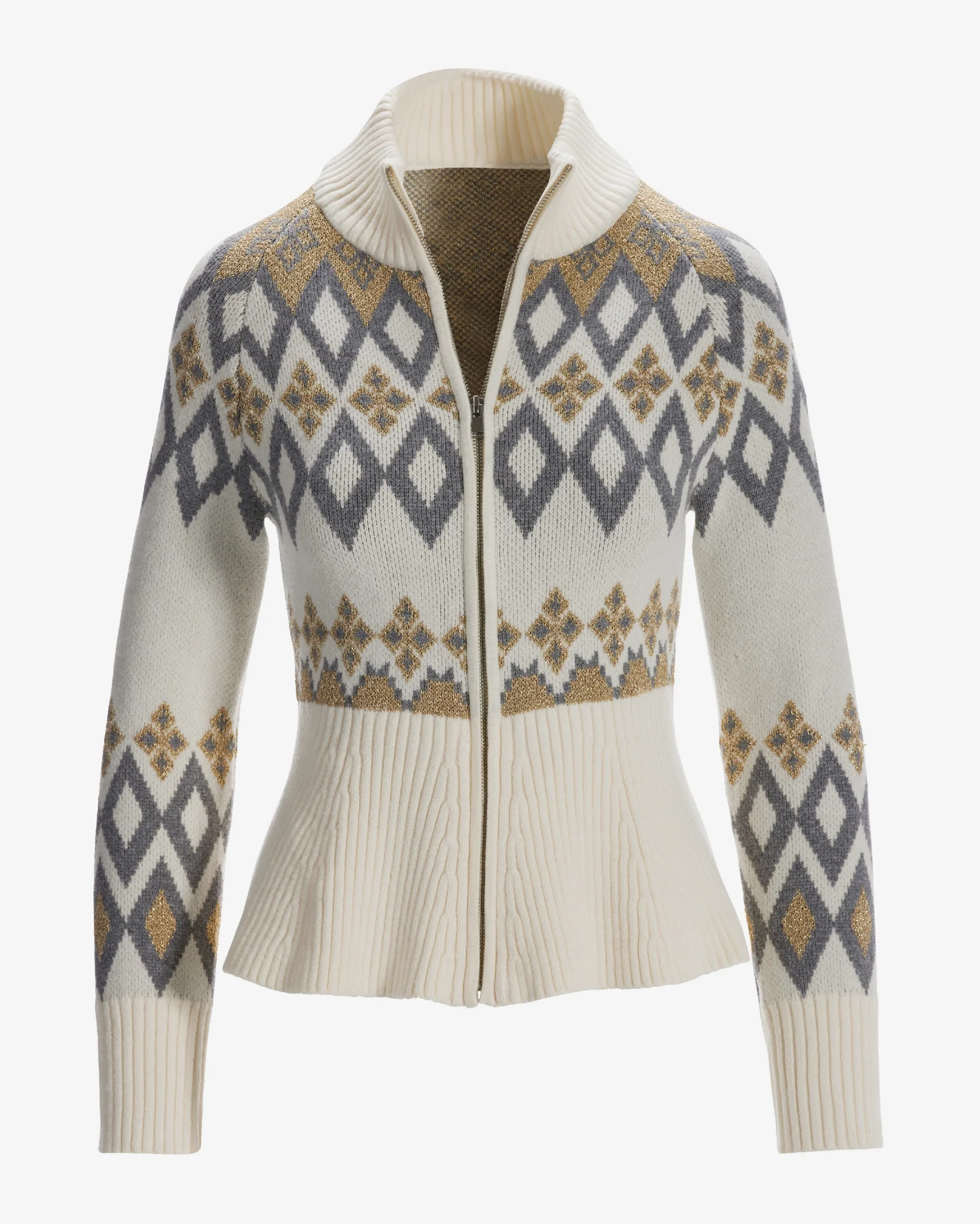 Fair Isle Peplum Full Zip Cardigan Off White Multi - Mycitystee
